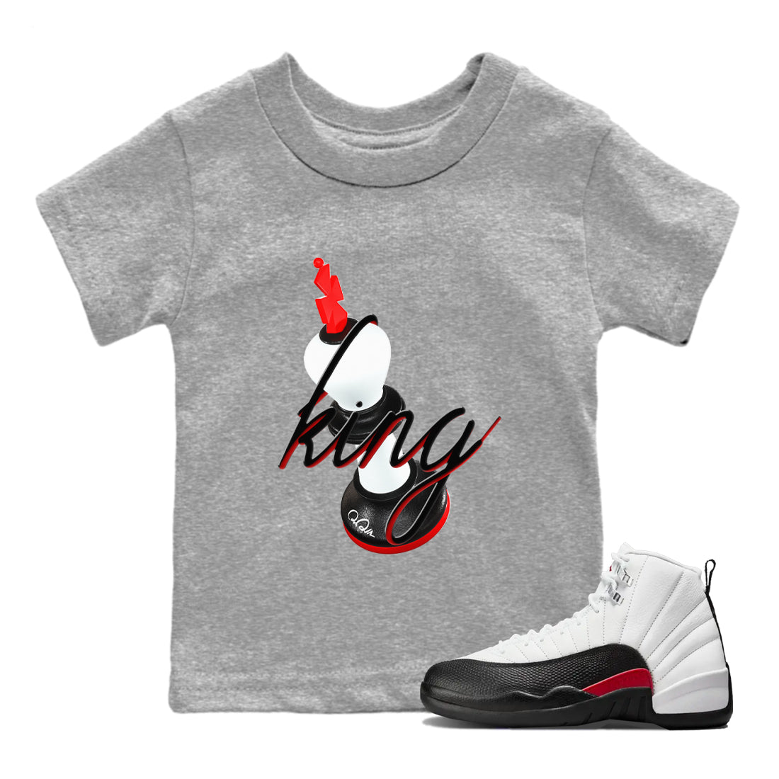 12s Taxi Flip shirts to match jordans 3D King sneaker match tees Air Jordan 12 Taxi Flip SNRT Sneaker Tees streetwear brand Baby and Youth Heather Grey 1 cotton tee