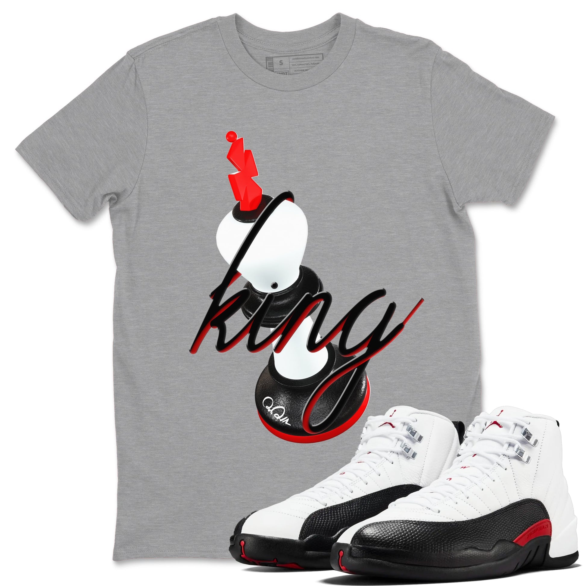 12s Taxi Flip shirts to match jordans 3D King sneaker match tees Air Jordan 12 Taxi Flip SNRT Sneaker Tees streetwear brand Heather Grey 1 unisex cotton tee
