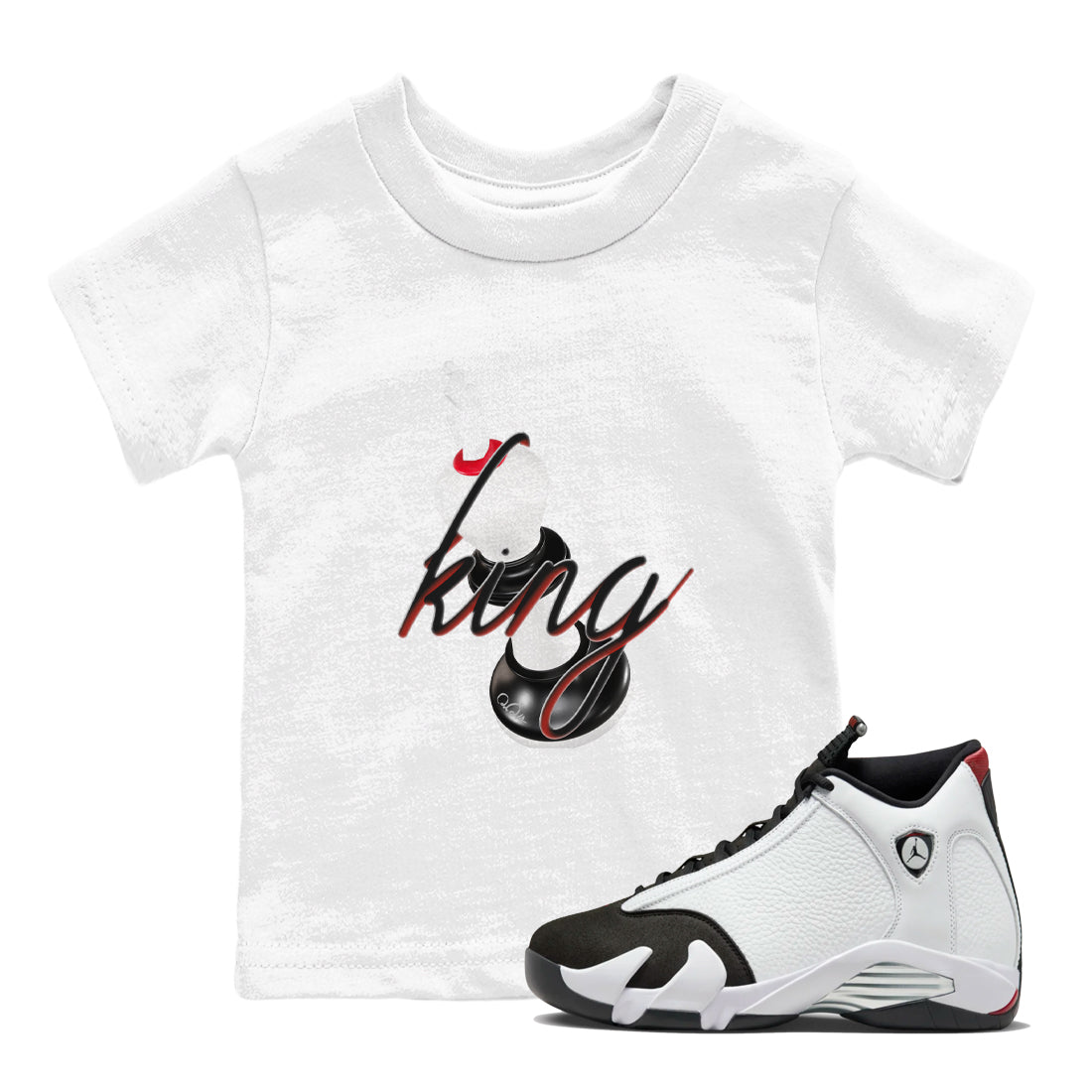 14s Black Toe shirts to match jordans 3D King graphic tees Air Jordan 14 Black Toe t shirts to match sneakers SNRT Sneaker Tees Youth Baby White 1 tee