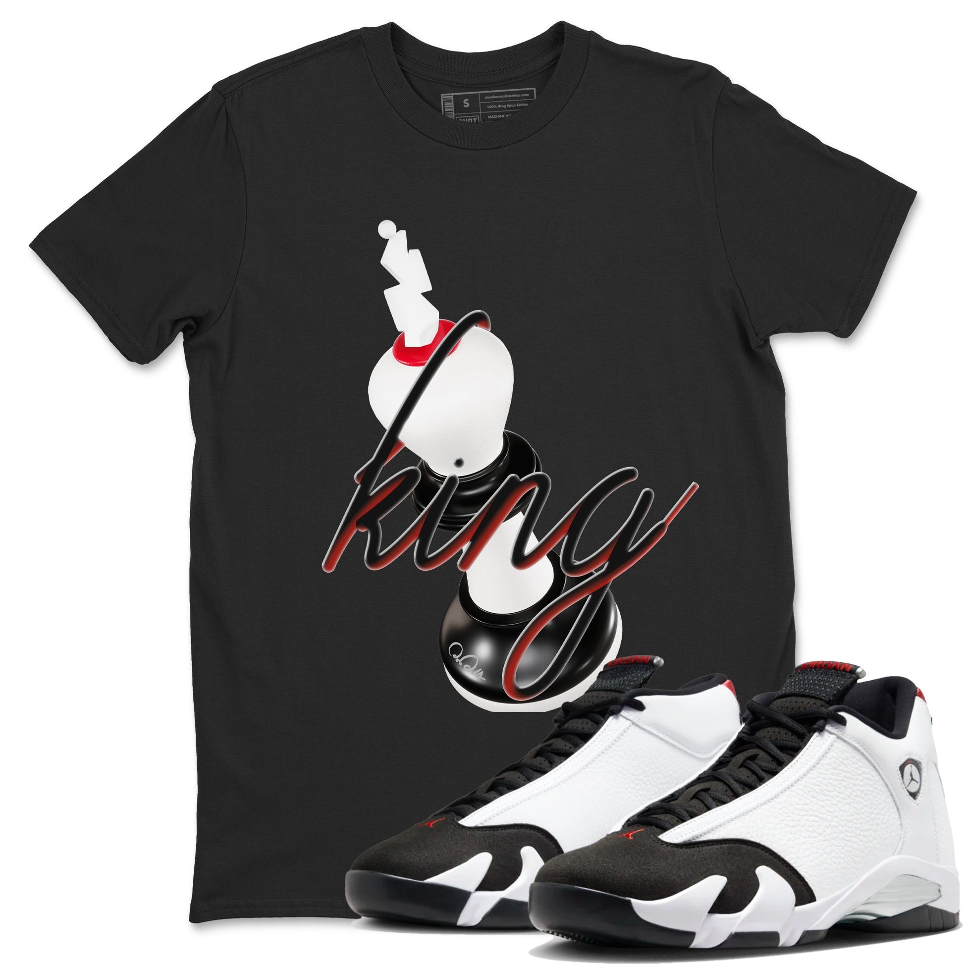 14s Black Toe shirts to match jordans 3D King graphic tees Air Jordan 14 Black Toe t shirts to match sneakers SNRT Sneaker Tees unisex cotton Black 1 shirts