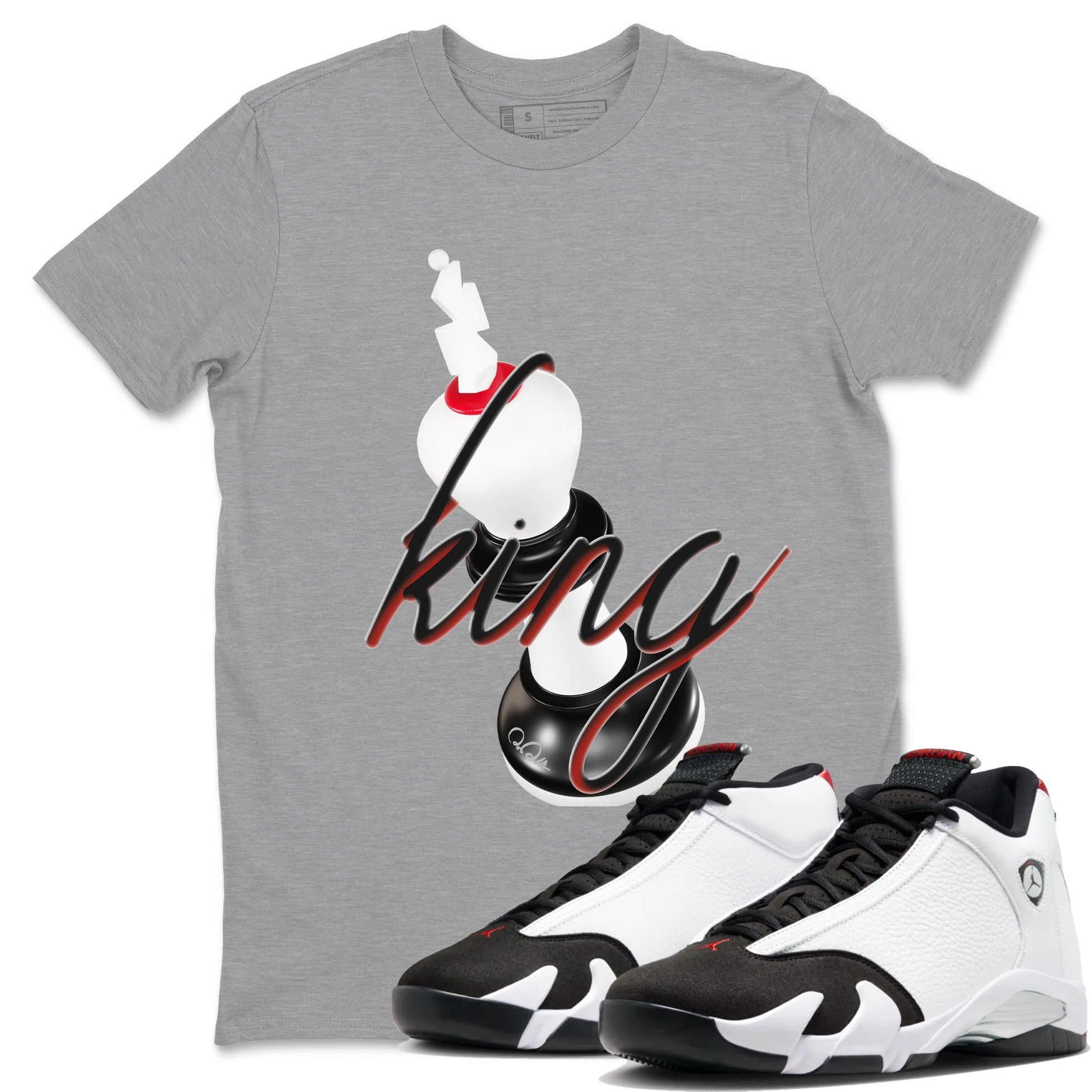 14s Black Toe shirts to match jordans 3D King graphic tees Air Jordan 14 Black Toe t shirts to match sneakers SNRT Sneaker Tees unisex cotton Heather Grey 1 shirts