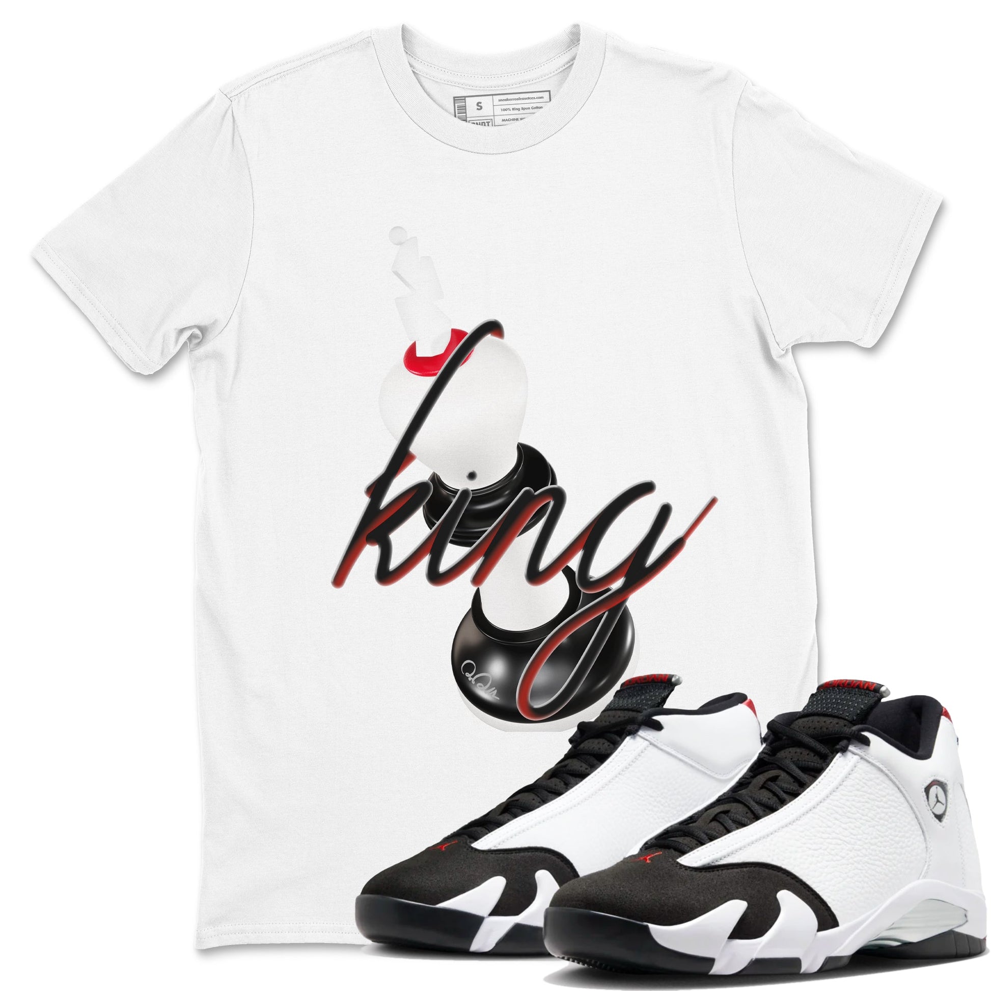 14s Black Toe shirts to match jordans 3D King graphic tees Air Jordan 14 Black Toe t shirts to match sneakers SNRT Sneaker Tees unisex cotton White 1 shirts