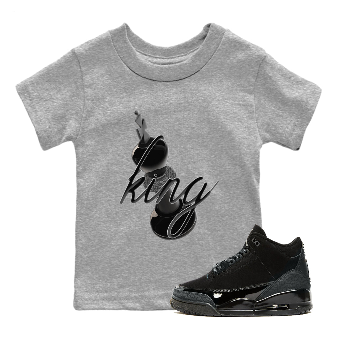 Air Jordan 3 Black Cat shirts to match jordans 3D King sneaker tees 3s Retro Black Cat best t-shirts to wear with jordans SNRT Sneaker Tees Youth Baby Heather Grey 1 tee