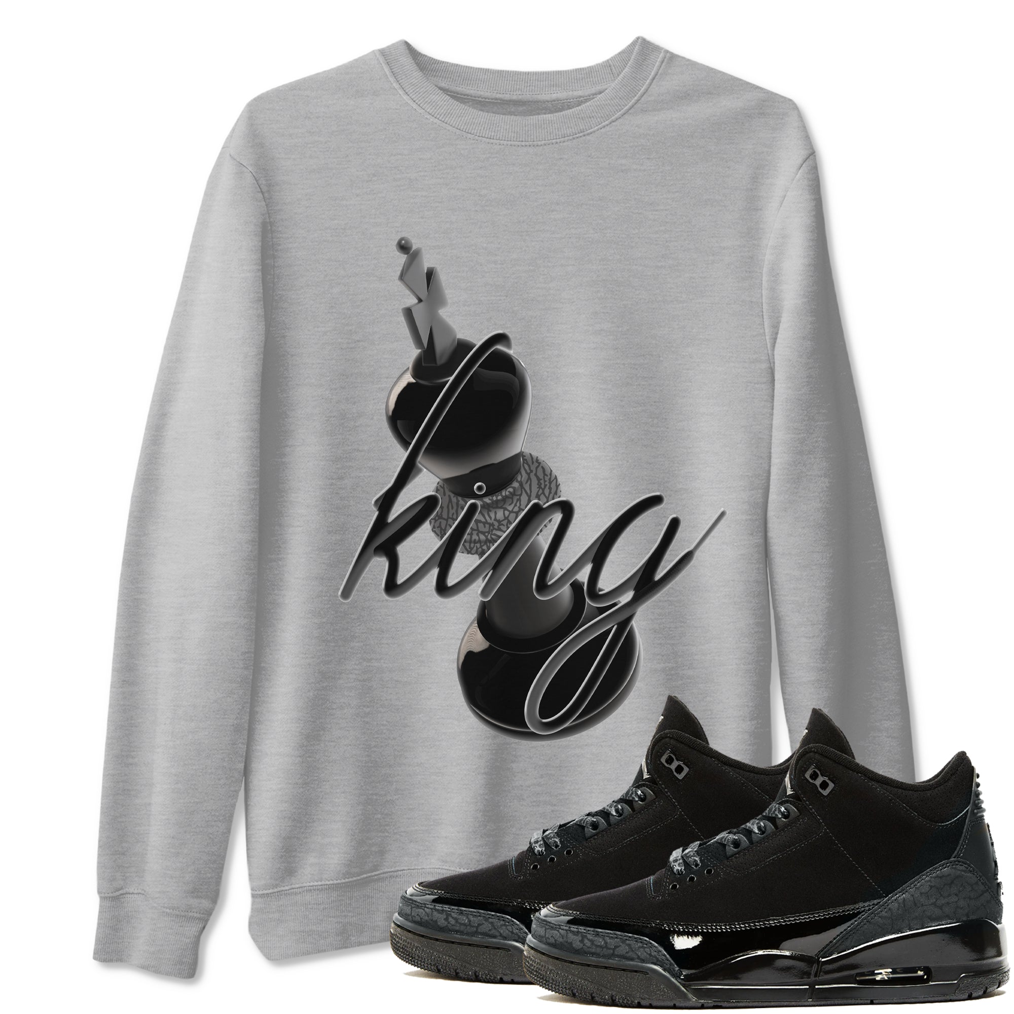 Air Jordan 3 Black Cat shirts to match jordans 3D King sneaker tees 3s Retro Black Cat best t-shirts to wear with jordans SNRT Sneaker Tees unisex cotton Heather Grey 1 shirts