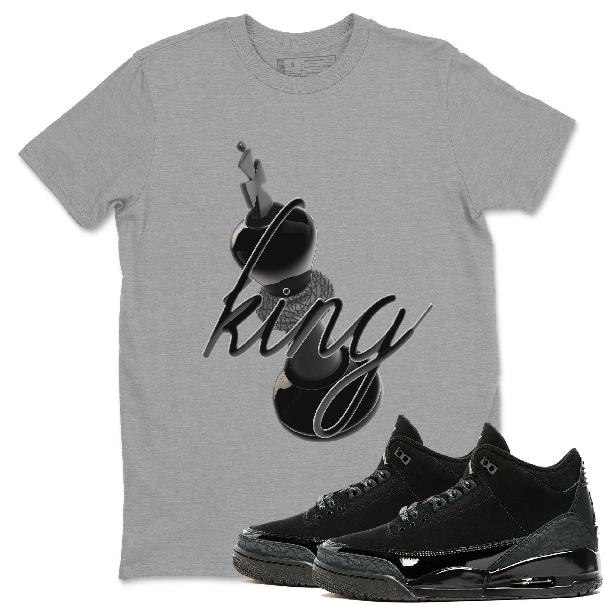 Air Jordan 3 Black Cat shirts to match jordans 3D King sneaker tees 3s Retro Black Cat best t-shirts to wear with jordans SNRT Sneaker Tees unisex cotton Heather Grey 1 shirts