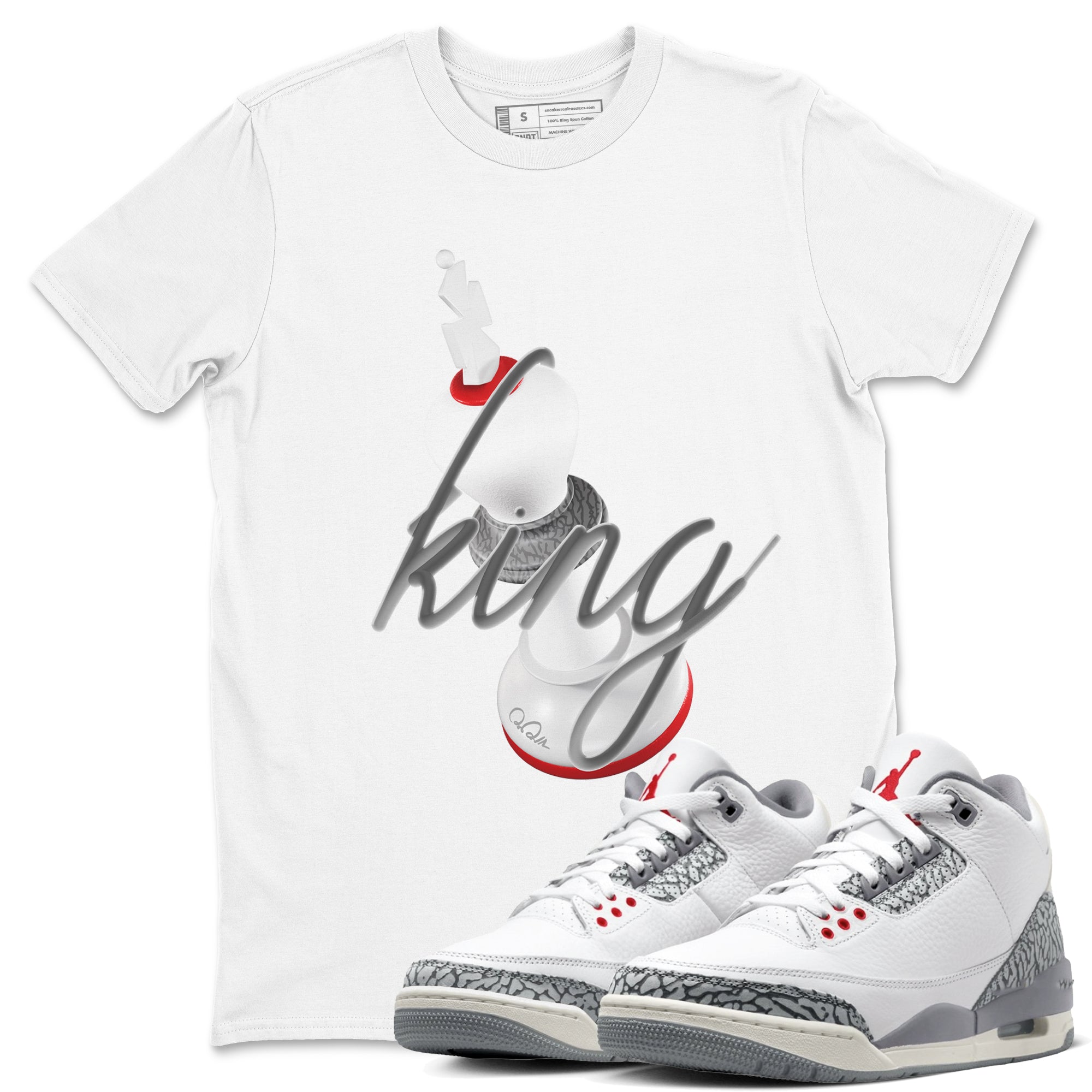 3s Cement Grey shirts to match jordans 3D King sneaker match tees Air Jordan 3 Cement Grey SNRT Sneaker Release Tees unisex cotton White 1 crew neck shirts