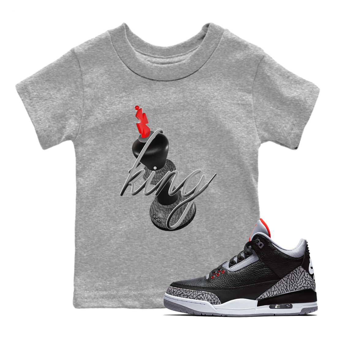 4s Black Cement shirts to match jordans 3D King sneaker match tees Air Jordan 4 Black Cement match shoes to clothes SNRT Sneaker Tees Youth Baby Heather Grey 1 tee