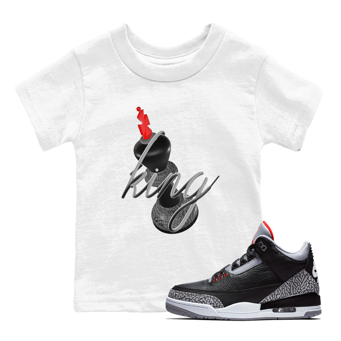 4s Black Cement shirts to match jordans 3D King sneaker match tees Air Jordan 4 Black Cement match shoes to clothes SNRT Sneaker Tees Youth Baby White 1 tee