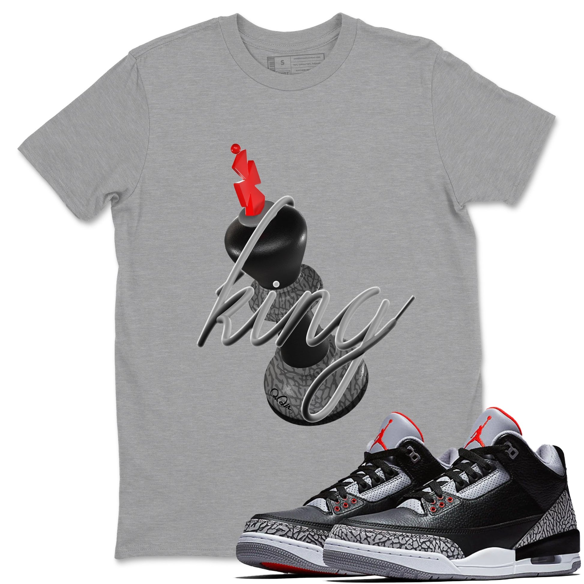 4s Black Cement shirts to match jordans 3D King sneaker match tees Air Jordan 4 Black Cement match shoes to clothes SNRT Sneaker Tees unisex cotton Heather Grey 1 shirts