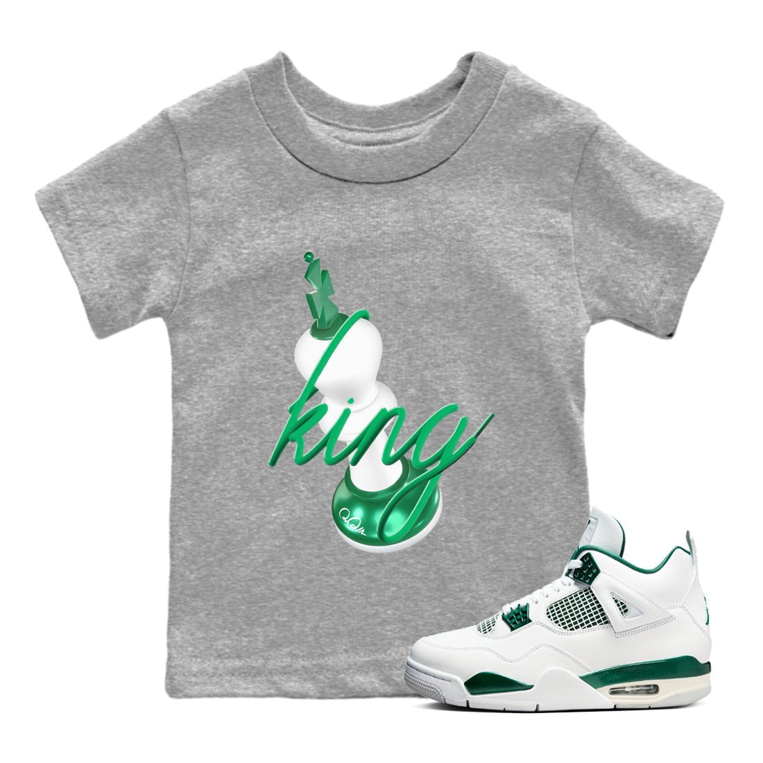 4s Oxidized Green shirts to match jordans 3D King sneaker match tees Air Jordan 4 Oxidized Green SNRT Sneaker Tees streetwear brand Baby and Youth Heather Grey 1 cotton tee