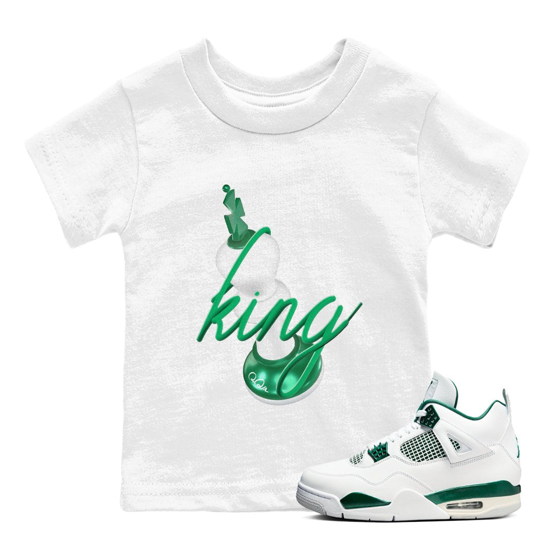 4s Oxidized Green shirts to match jordans 3D King sneaker match tees Air Jordan 4 Oxidized Green SNRT Sneaker Tees streetwear brand Baby and Youth White 1 cotton tee