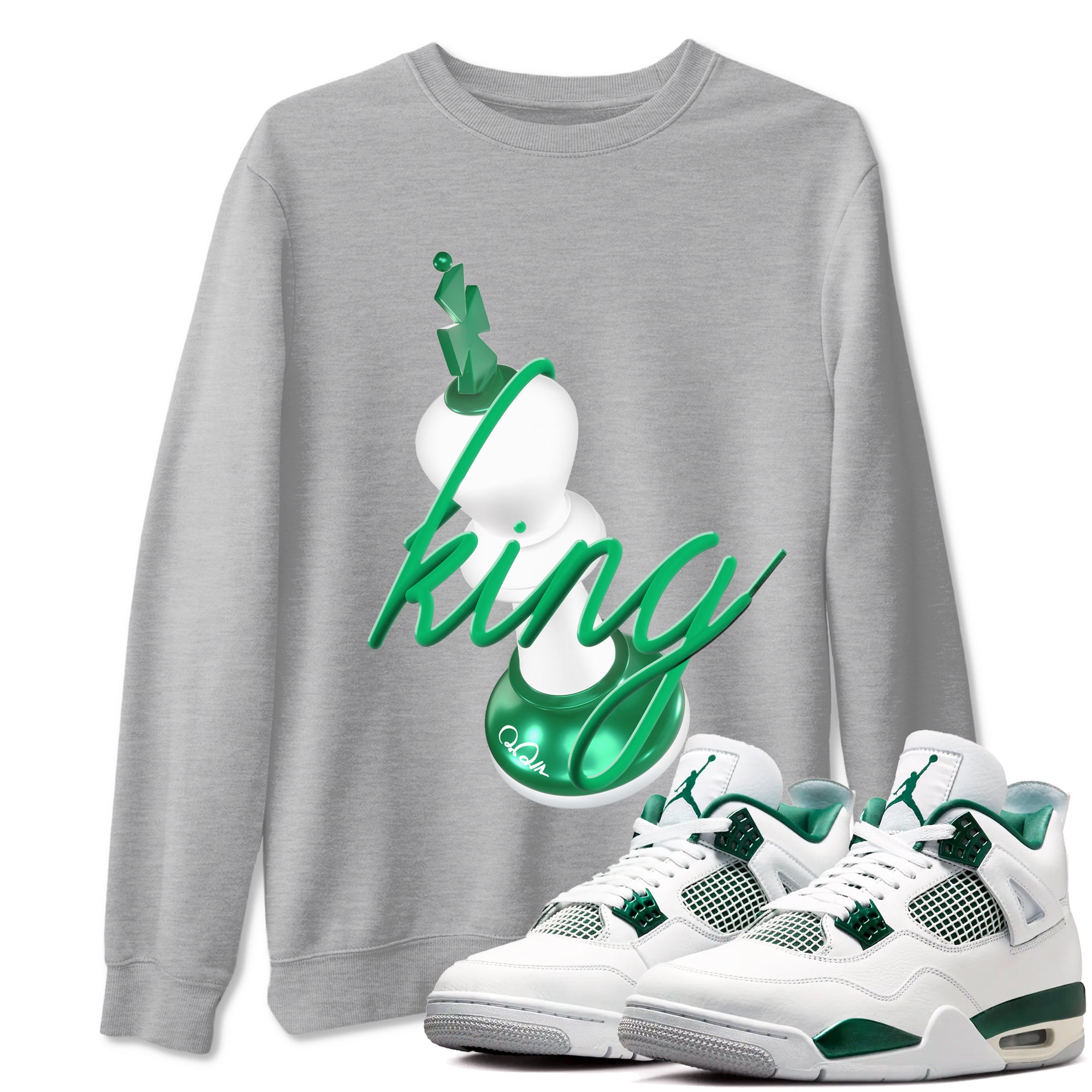 4s Oxidized Green shirts to match jordans 3D King sneaker match tees Air Jordan 4 Oxidized Green SNRT Sneaker Tees streetwear brand Heather Grey 1 unisex cotton tee
