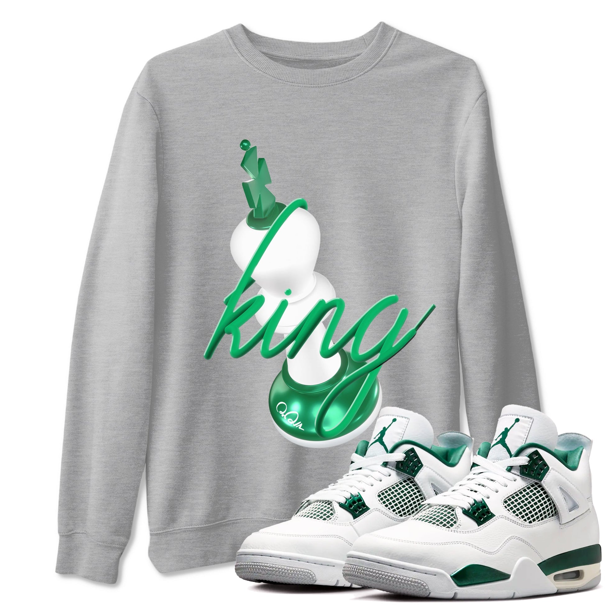 4s Oxidized Green shirts to match jordans 3D King sneaker match tees Air Jordan 4 Oxidized Green SNRT Sneaker Tees streetwear brand Heather Grey 1 unisex cotton tee
