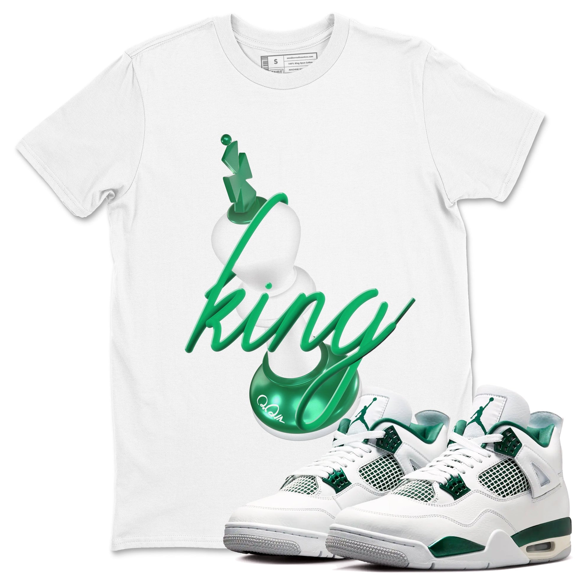 4s Oxidized Green shirts to match jordans 3D King sneaker match tees Air Jordan 4 Oxidized Green SNRT Sneaker Tees streetwear brand White 1 unisex cotton tee