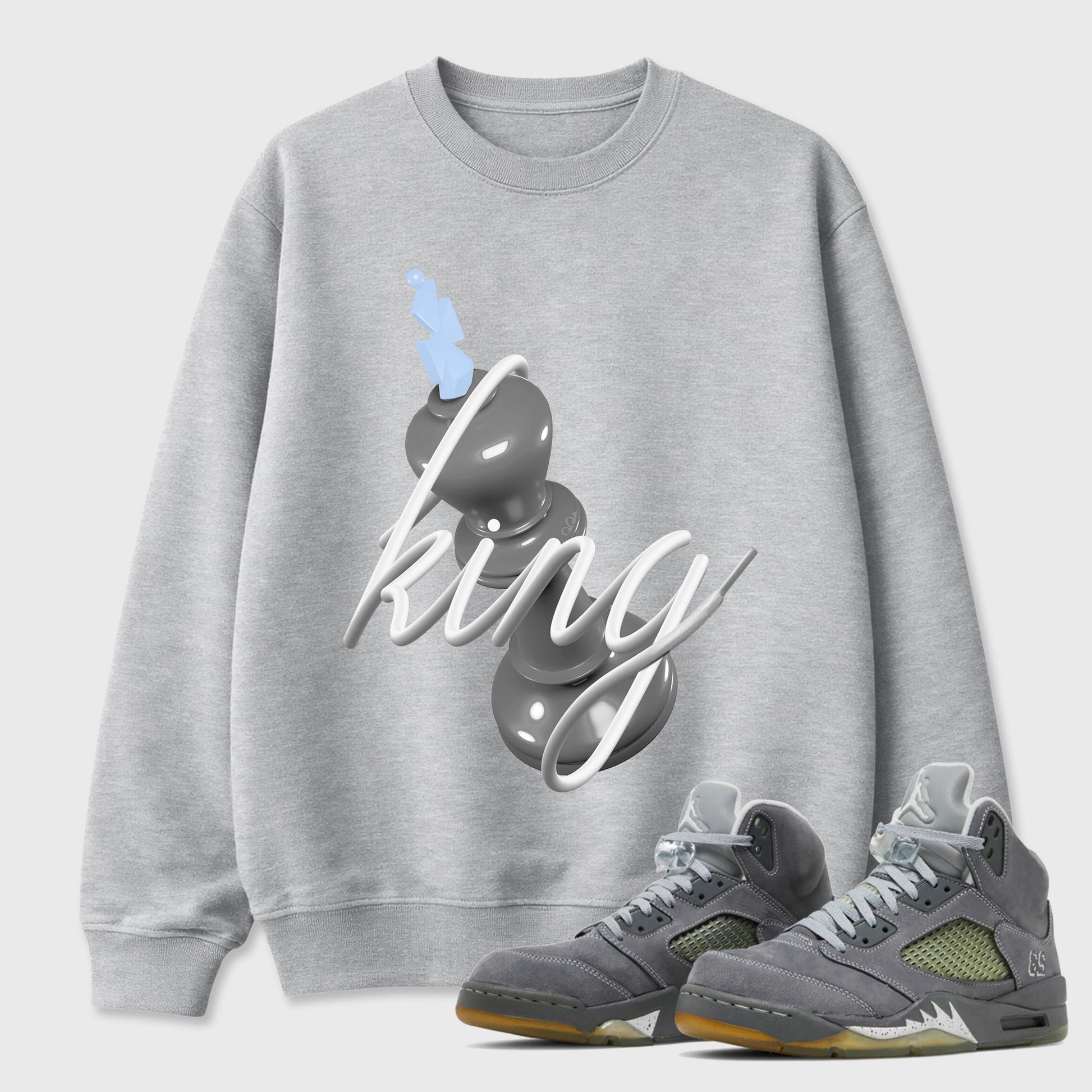 Sneaker outfits graphic tee – Sneaker Tees To Match Air Jordan 5 Wolf Grey Sneakers – 3D King Tee Heather Grey 1