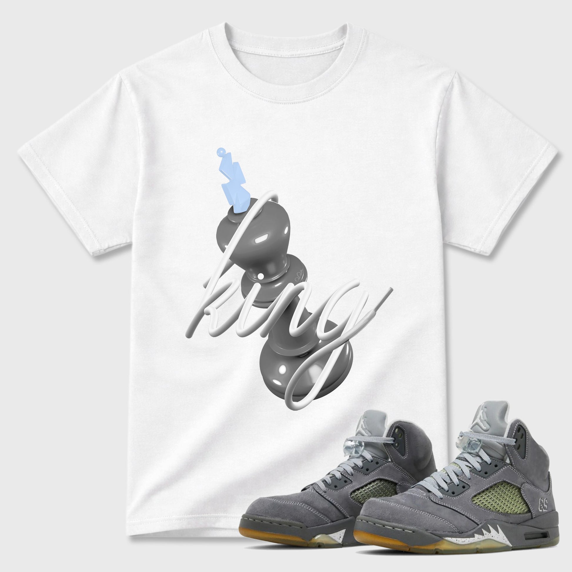 Sneaker outfits graphic tee – Sneaker Tees To Match Air Jordan 5 Wolf Grey Sneakers – 3D King Tee White 1