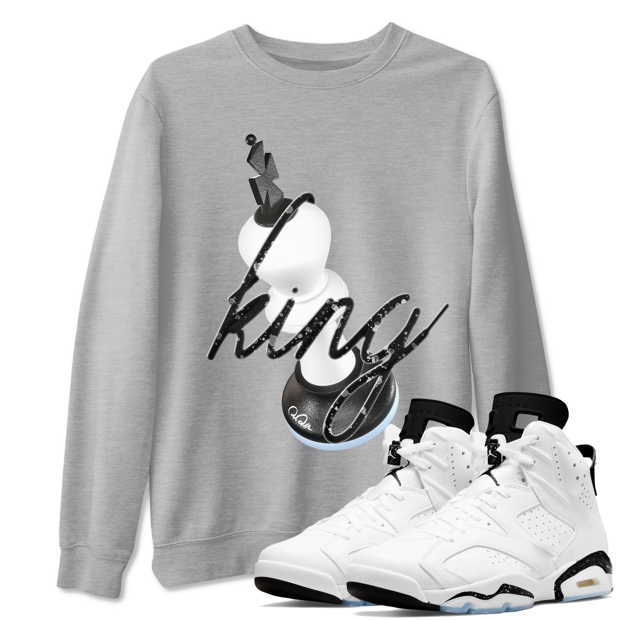 AJ6 White Black shirts to match jordans 3D King sneaker match tees Air Jordan 6 White Black SNRT Sneaker Tees streetwear brand Heather Grey 1 unisex cotton tee