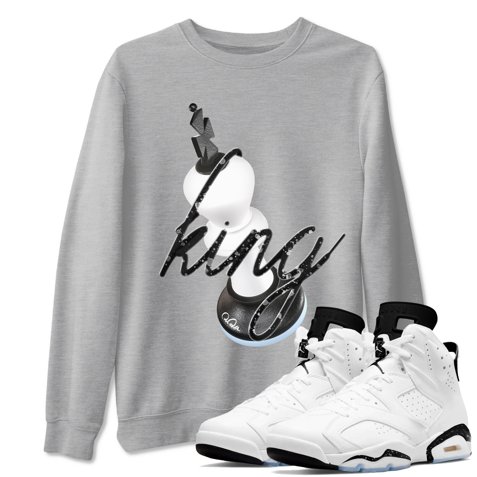 AJ6 White Black shirts to match jordans 3D King sneaker match tees Air Jordan 6 White Black SNRT Sneaker Tees streetwear brand Heather Grey 1 unisex cotton tee