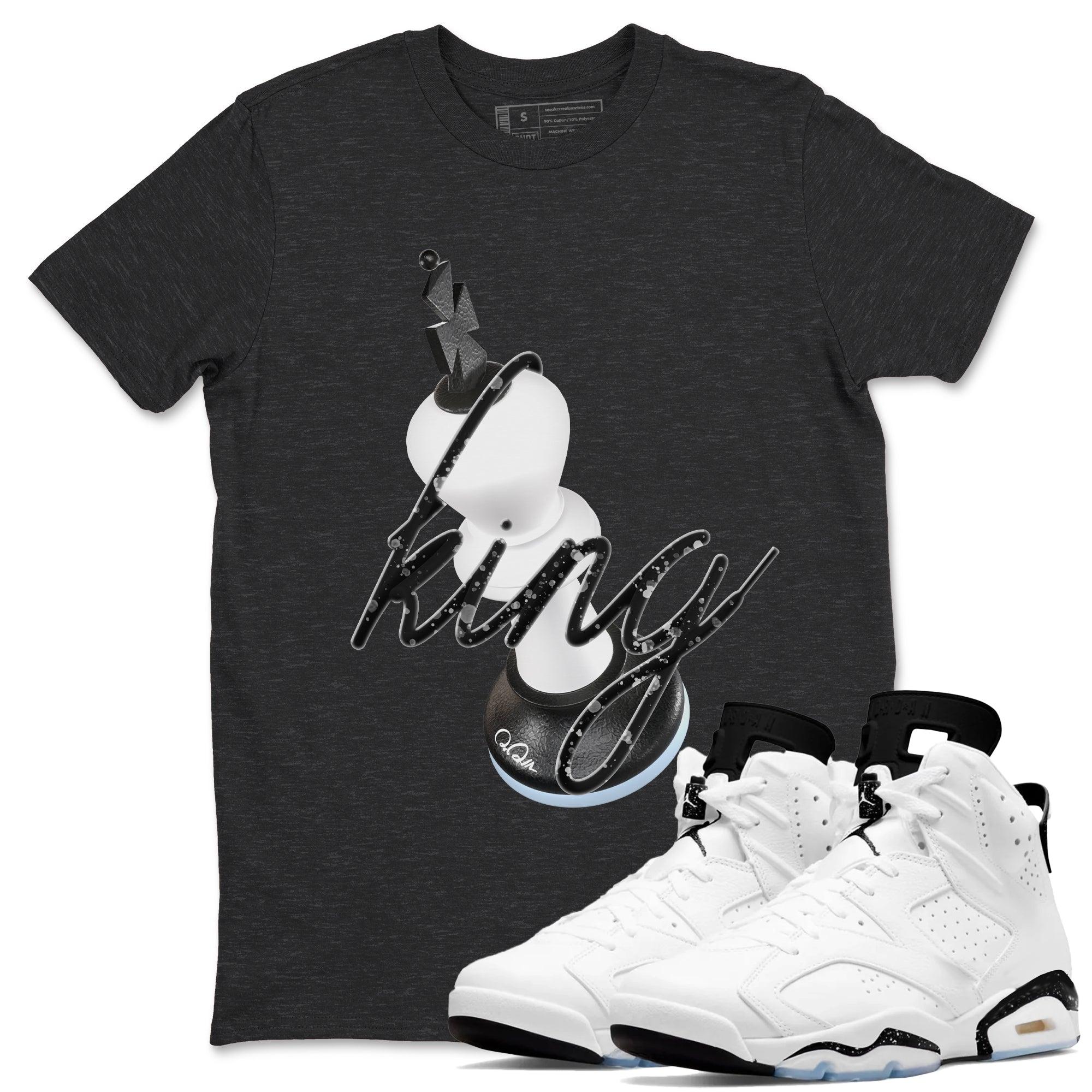 AJ6 White Black shirts to match jordans 3D King sneaker match tees Air Jordan 6 White Black SNRT Sneaker Tees streetwear brand Charcoal Heather 1 unisex cotton tee