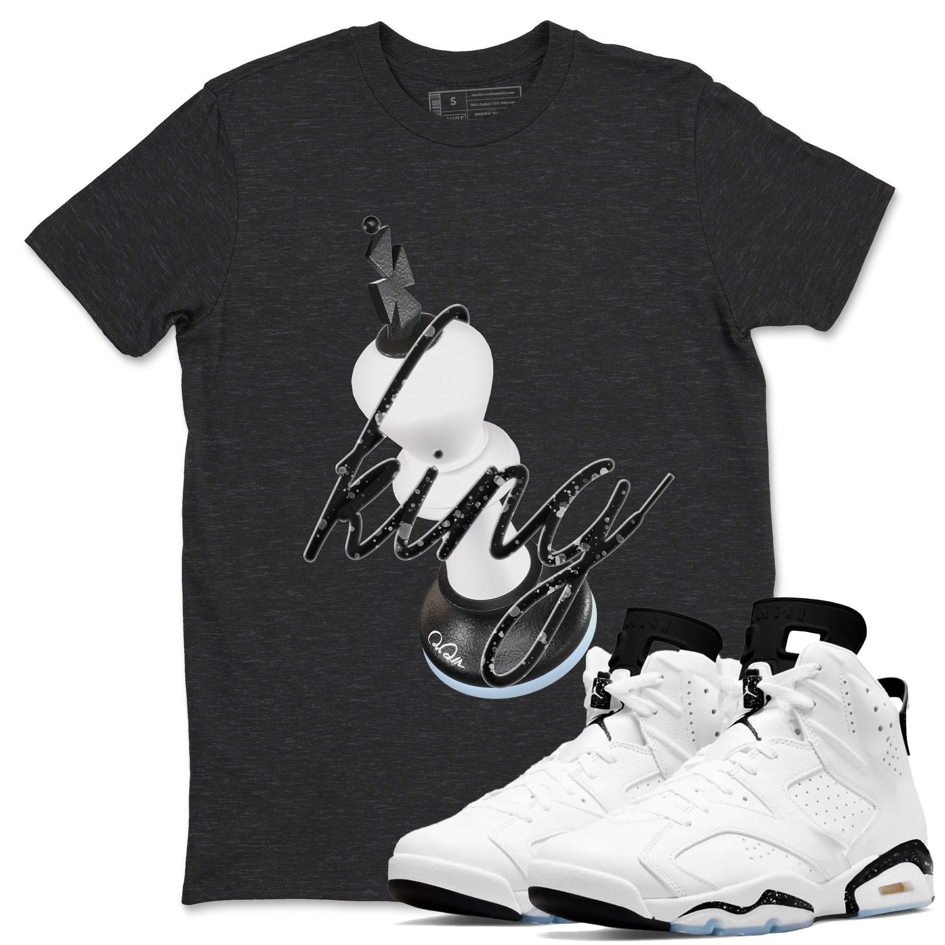 AJ6 White Black shirts to match jordans 3D King sneaker match tees Air Jordan 6 White Black SNRT Sneaker Tees streetwear brand Charcoal Heather 1 unisex cotton tee