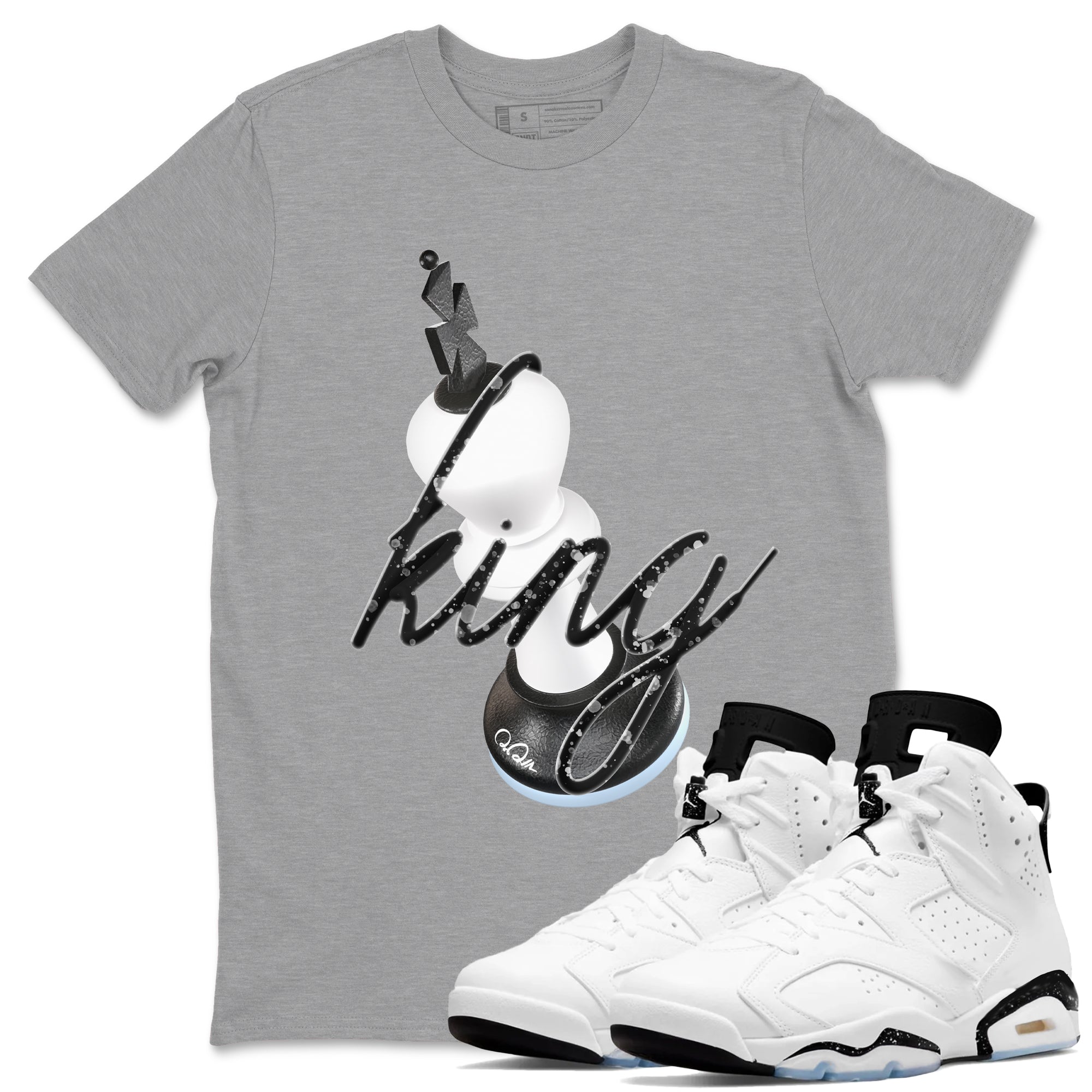 AJ6 White Black shirts to match jordans 3D King sneaker match tees Air Jordan 6 White Black SNRT Sneaker Tees streetwear brand Heather Grey 1 unisex cotton tee