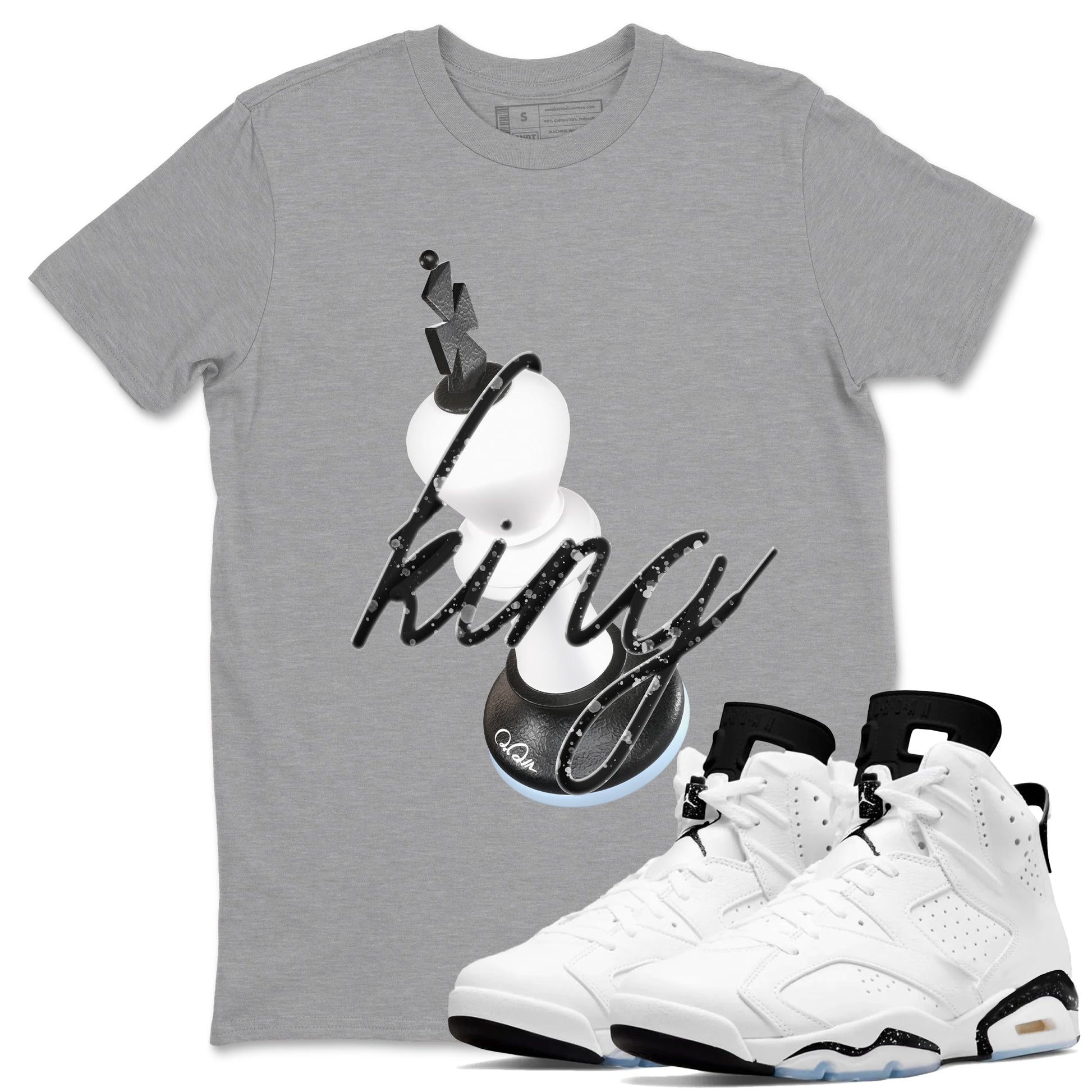 AJ6 White Black shirts to match jordans 3D King sneaker match tees Air Jordan 6 White Black SNRT Sneaker Tees streetwear brand Heather Grey 1 unisex cotton tee