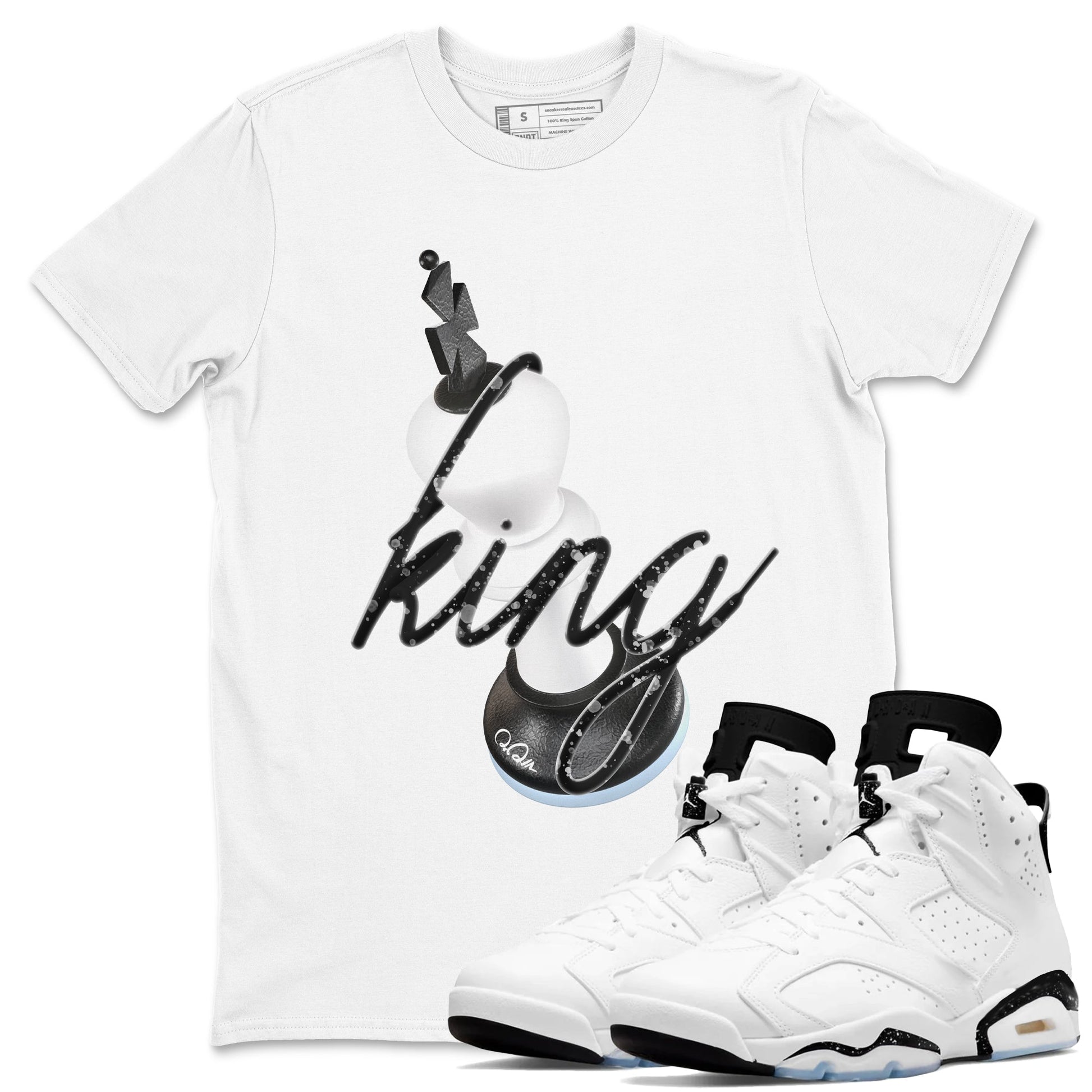 AJ6 White Black shirts to match jordans 3D King sneaker match tees Air Jordan 6 White Black SNRT Sneaker Tees streetwear brand White 1 unisex cotton tee