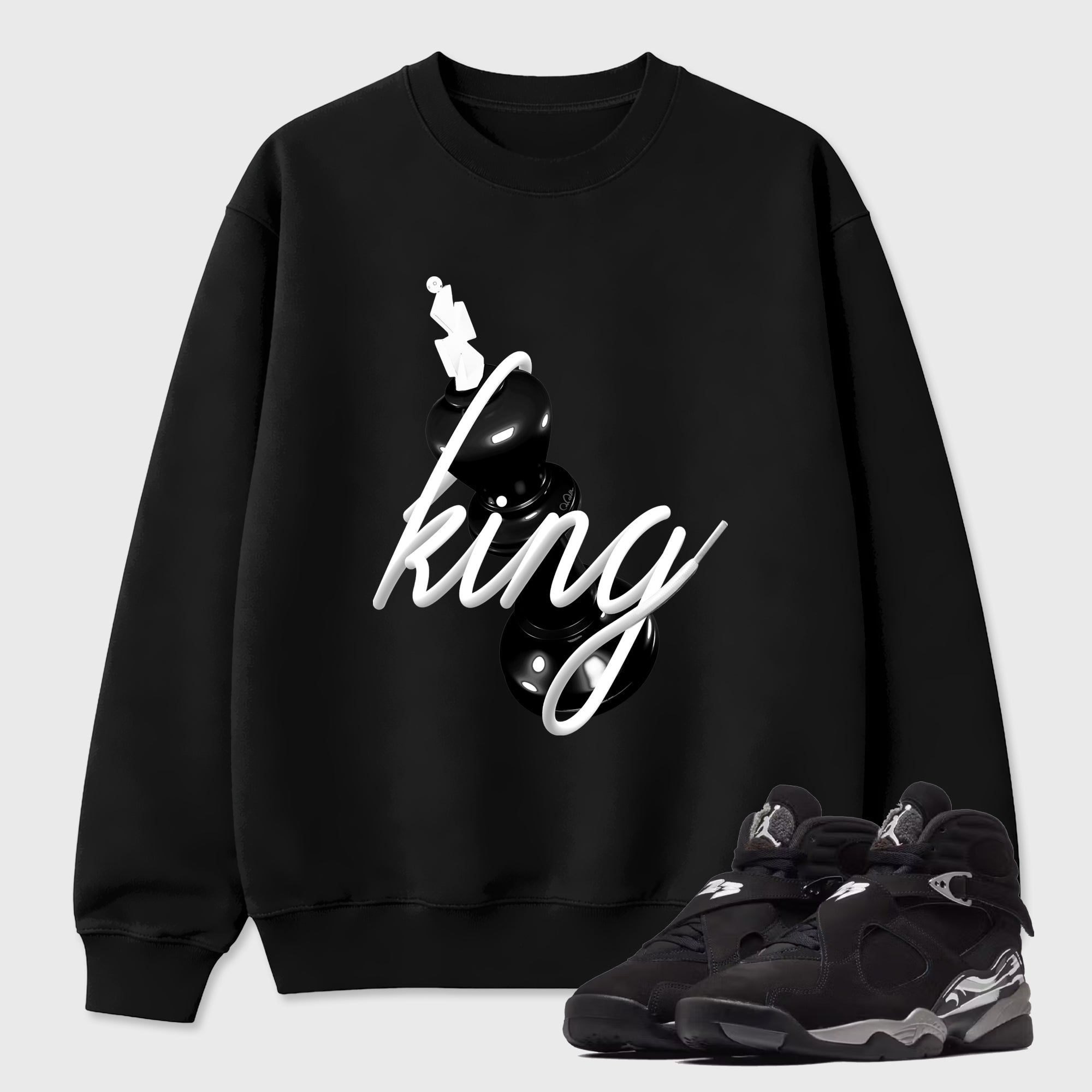 3D King Graphic T-Shirt featuring original streetwear artwork designed to match the Air Jordan 8 Chrome. Black 1 Graphic Tee.