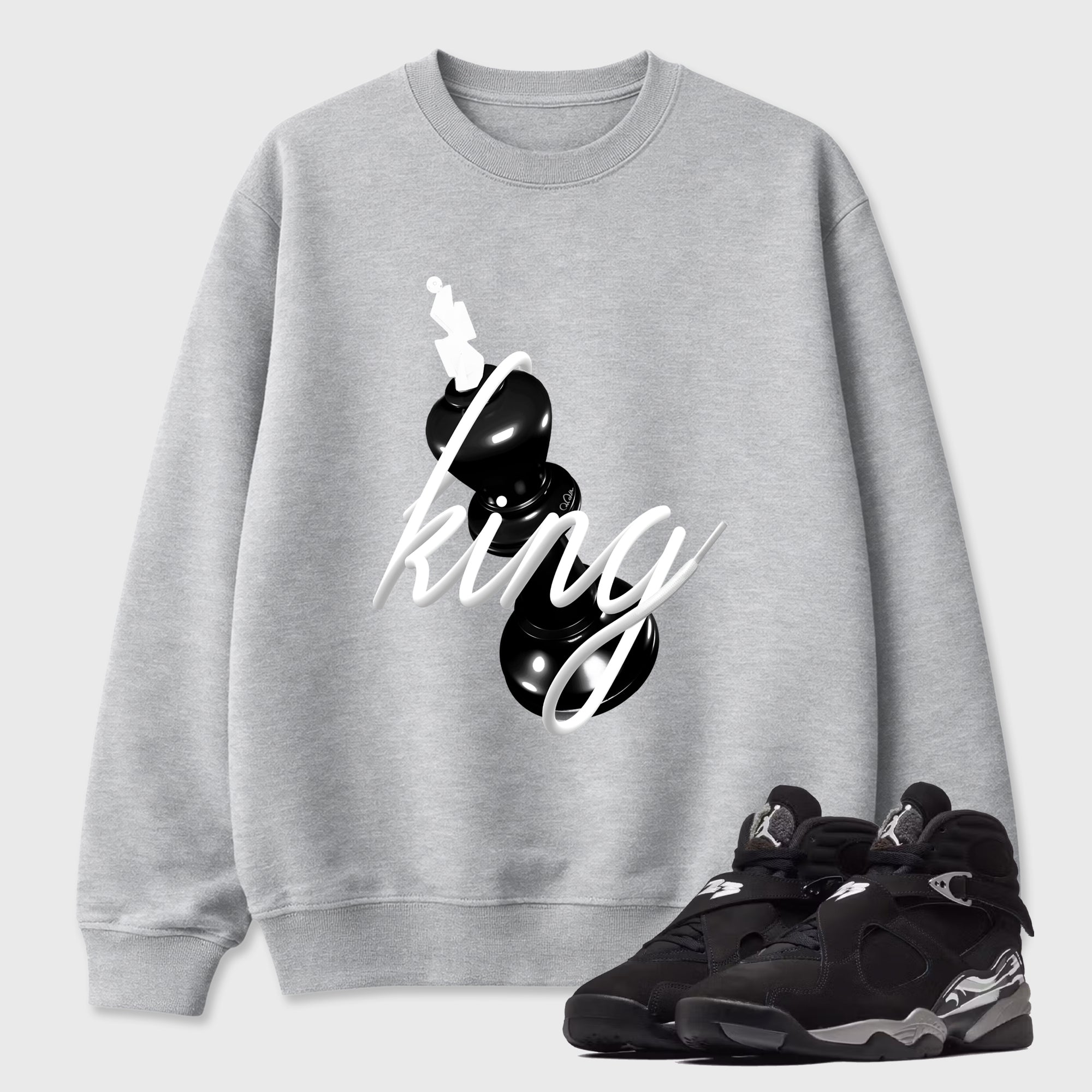 3D King Graphic T-Shirt featuring original streetwear artwork designed to match the Air Jordan 8 Chrome. Heather Grey 1 Graphic Tee.
