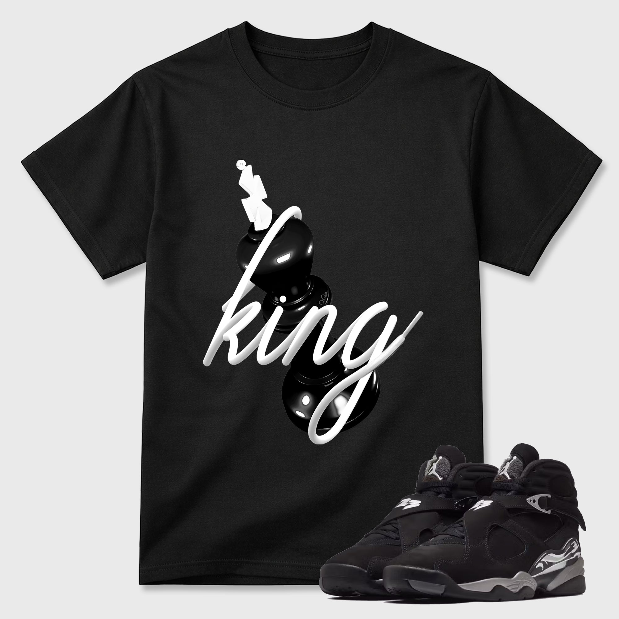 3D King Graphic T-Shirt featuring original streetwear artwork designed to match the Air Jordan 8 Chrome. Black 1 Graphic T-Shirt.