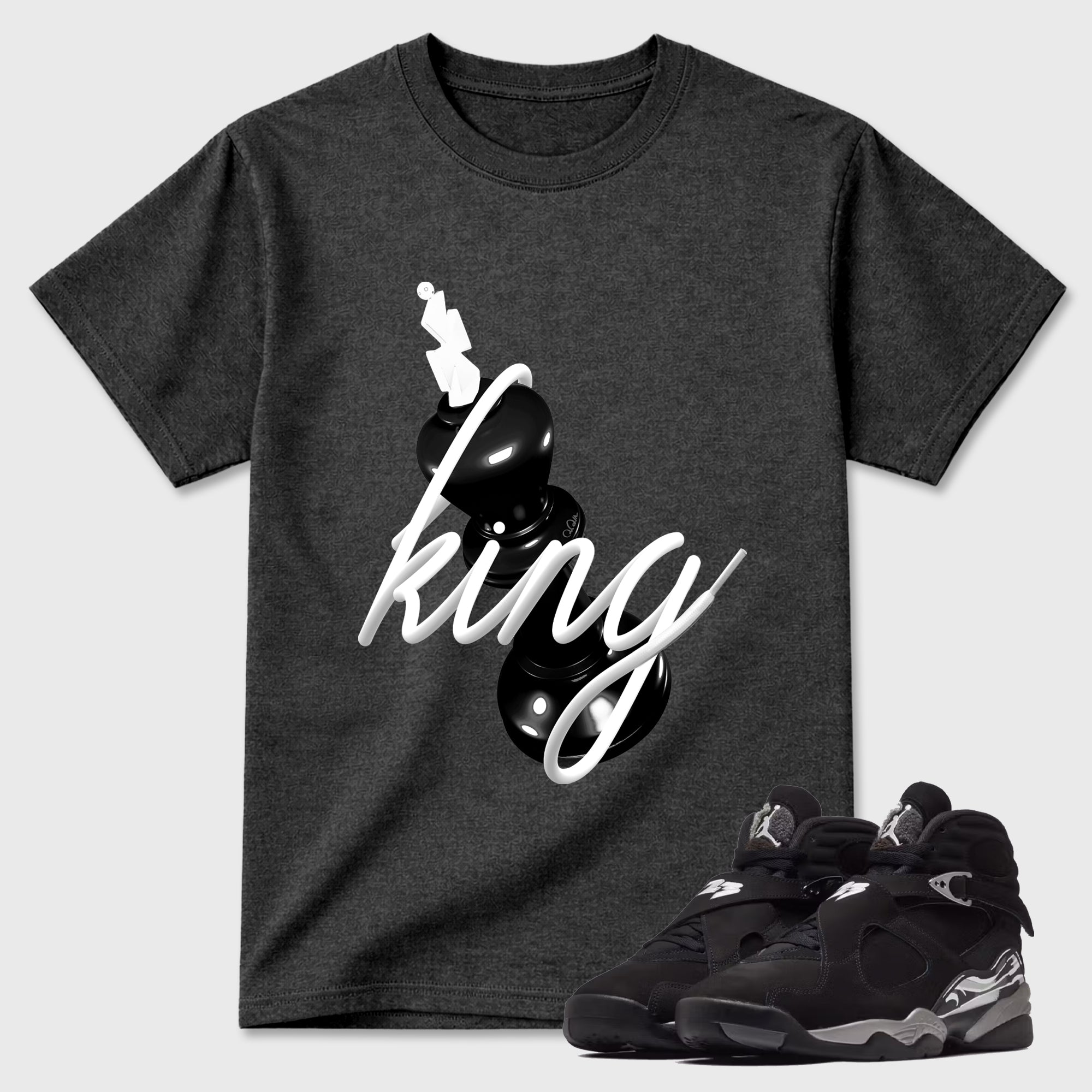 3D King Graphic T-Shirt featuring original streetwear artwork designed to match the Air Jordan 8 Chrome. Charcoal Heather 1 Graphic T-Shirt.