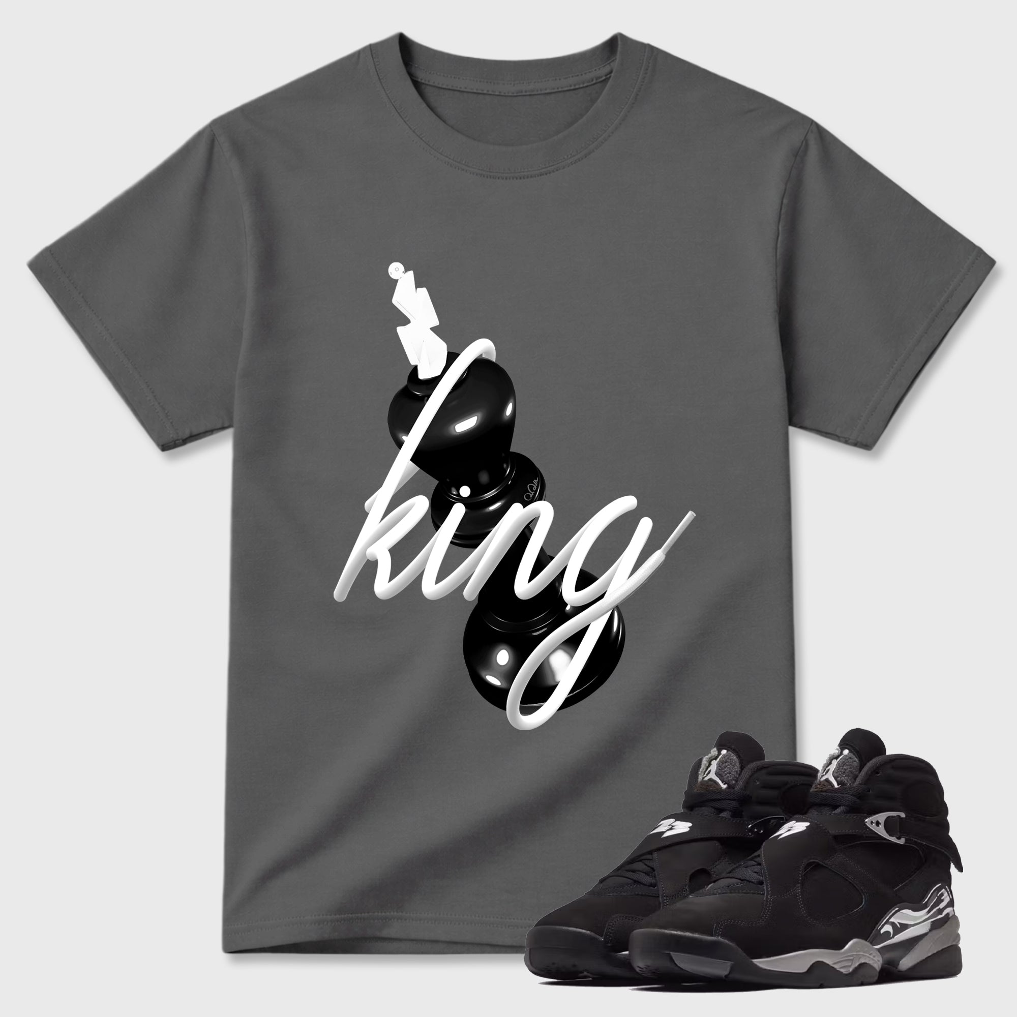 3D King Graphic T-Shirt featuring original streetwear artwork designed to match the Air Jordan 8 Chrome. Cool Grey 1 Graphic T-Shirt.