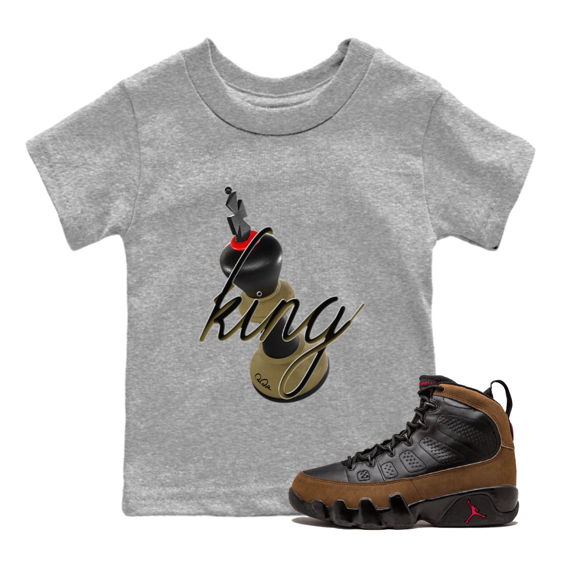 9s Olive shirts to match jordans 3D King sneaker match tees Air Jordan 9 Olive match shoes to clothes SNRT Sneaker Tees Youth Baby Heather Grey 1 tee