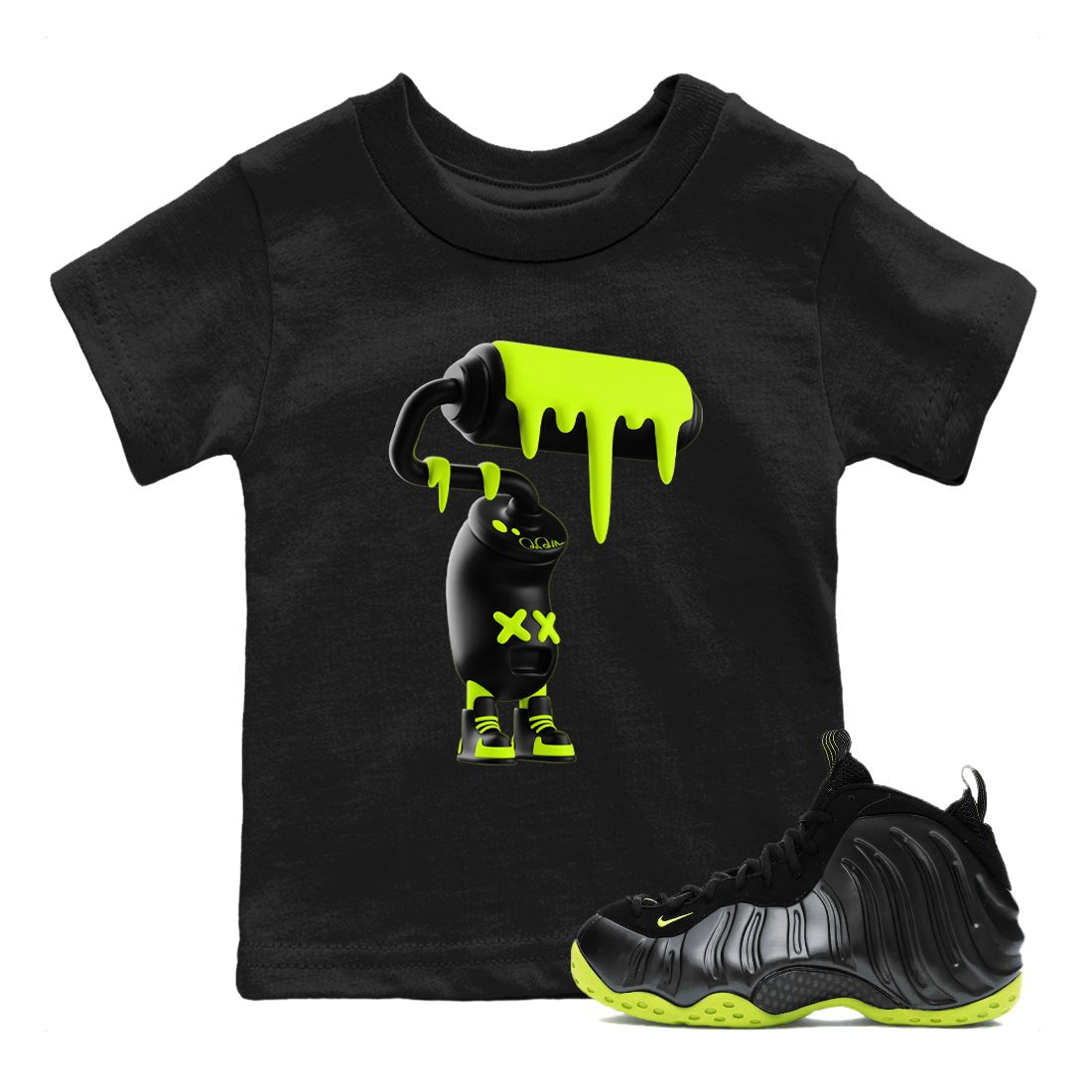 Foams One Black Volt shirts to match jordans 3D Paint Roller sneaker match tees Air Foamposite One Black and Volt match shoes to clothes SNRT Sneaker Tees Youth Baby Black 1 tee