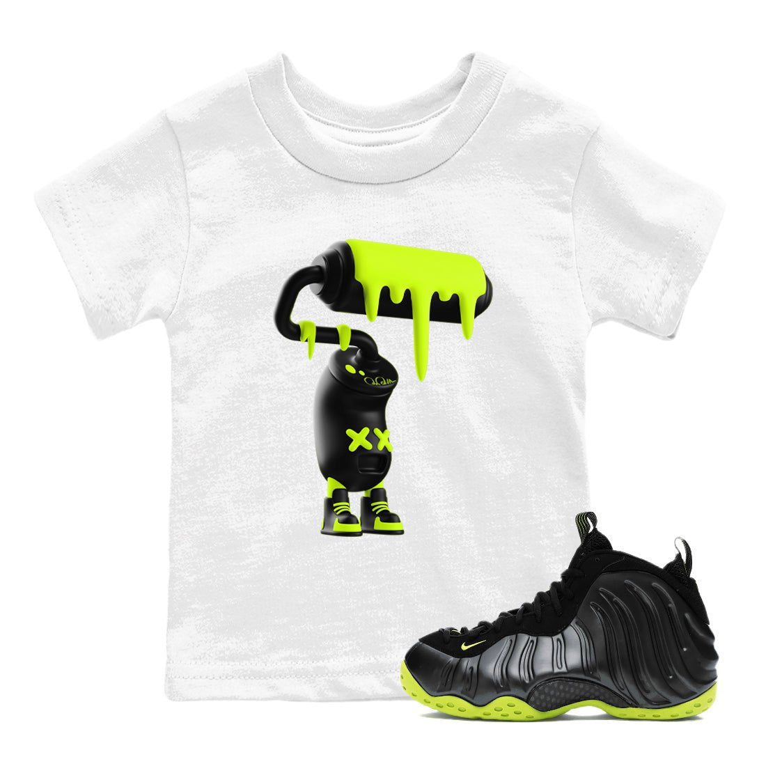 Foams One Black Volt shirts to match jordans 3D Paint Roller sneaker match tees Air Foamposite One Black and Volt match shoes to clothes SNRT Sneaker Tees Youth Baby White 1 tee