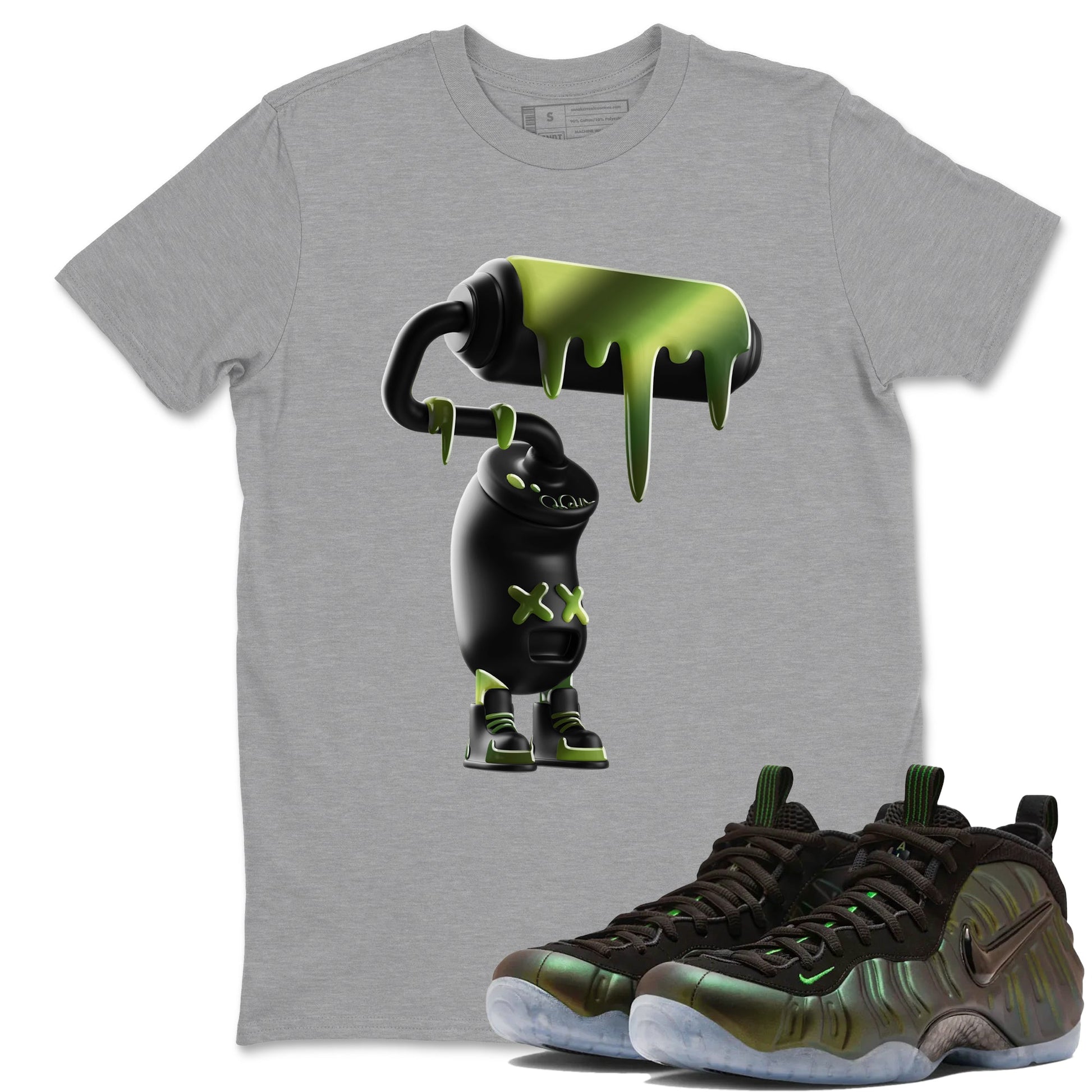 Best Christmas gifts for sneakerheads - Sneaker Tees To Match Air Foamposite One Pine Green Sneakers – 3D Paint Roller Tee Heather Grey 1