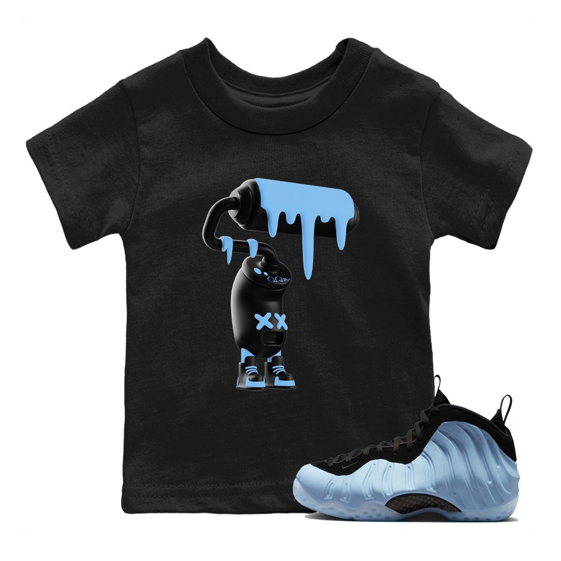 3D Paint Roller baby and kids t-shirt crafted for little sneakerheads to shine with the Air Foamposite One Psychic Blue sneakers, displayed in Black 1.