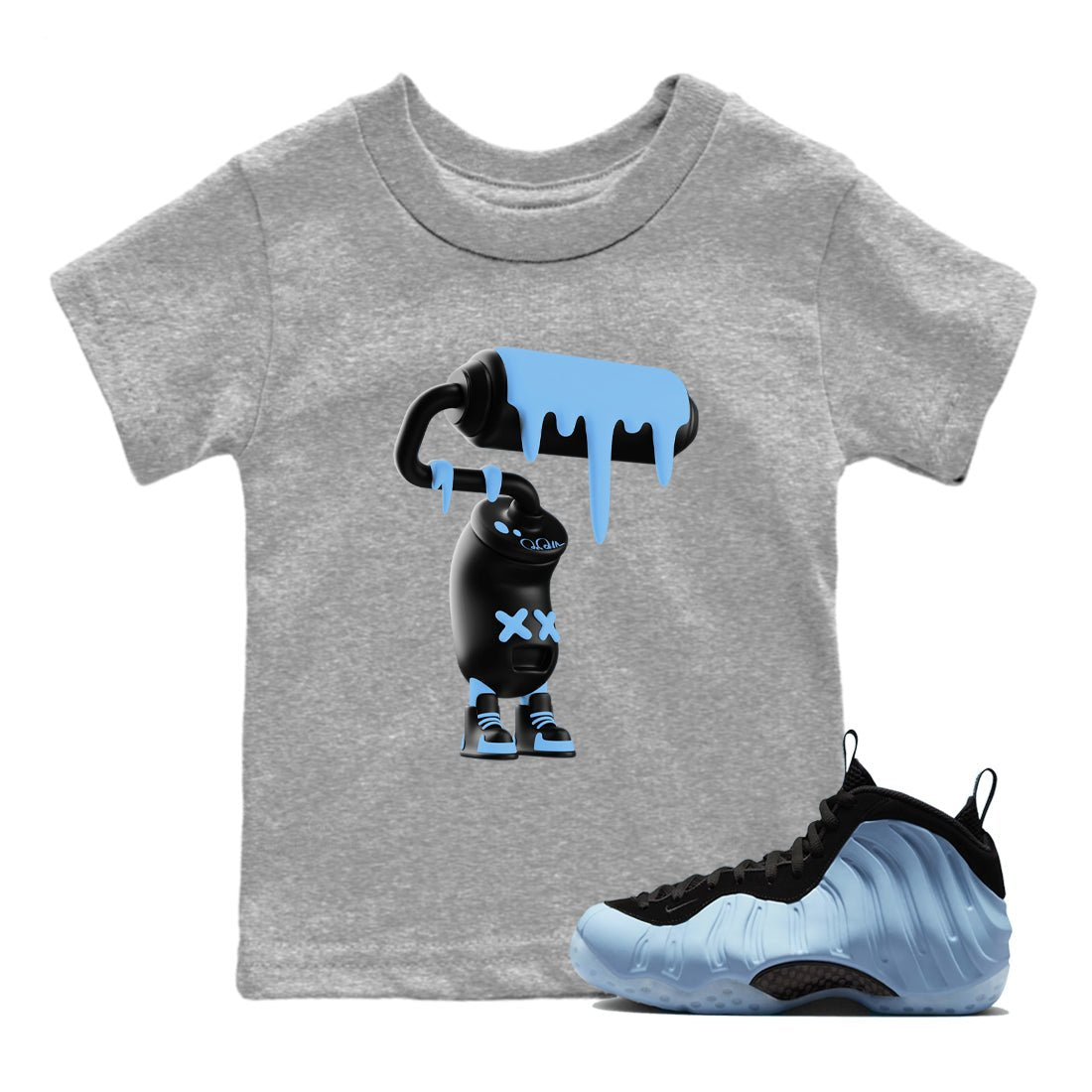 3D Paint Roller baby and kids t-shirt crafted for little sneakerheads to shine with the Air Foamposite One Psychic Blue sneakers, displayed in Heather Grey 1.