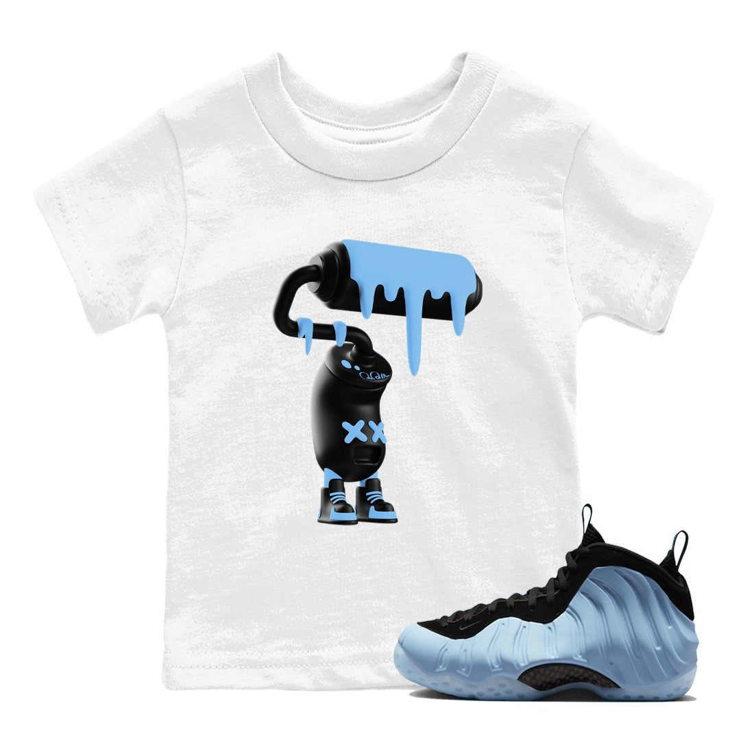 3D Paint Roller baby and kids t-shirt crafted for little sneakerheads to shine with the Air Foamposite One Psychic Blue sneakers, displayed in White 1.
