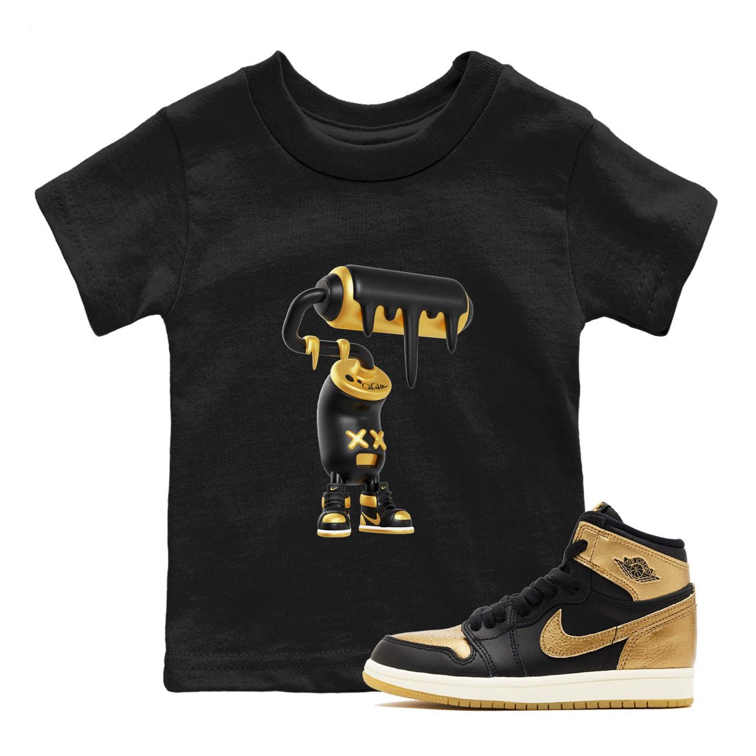 1s Black Metallic Gold shirts to match jordans 3D Paint Roller sneaker match tees Air Jordan 1 Black Metallic Gold SNRT Sneaker Tees streetwear brand Baby and Youth Black 1 cotton tee