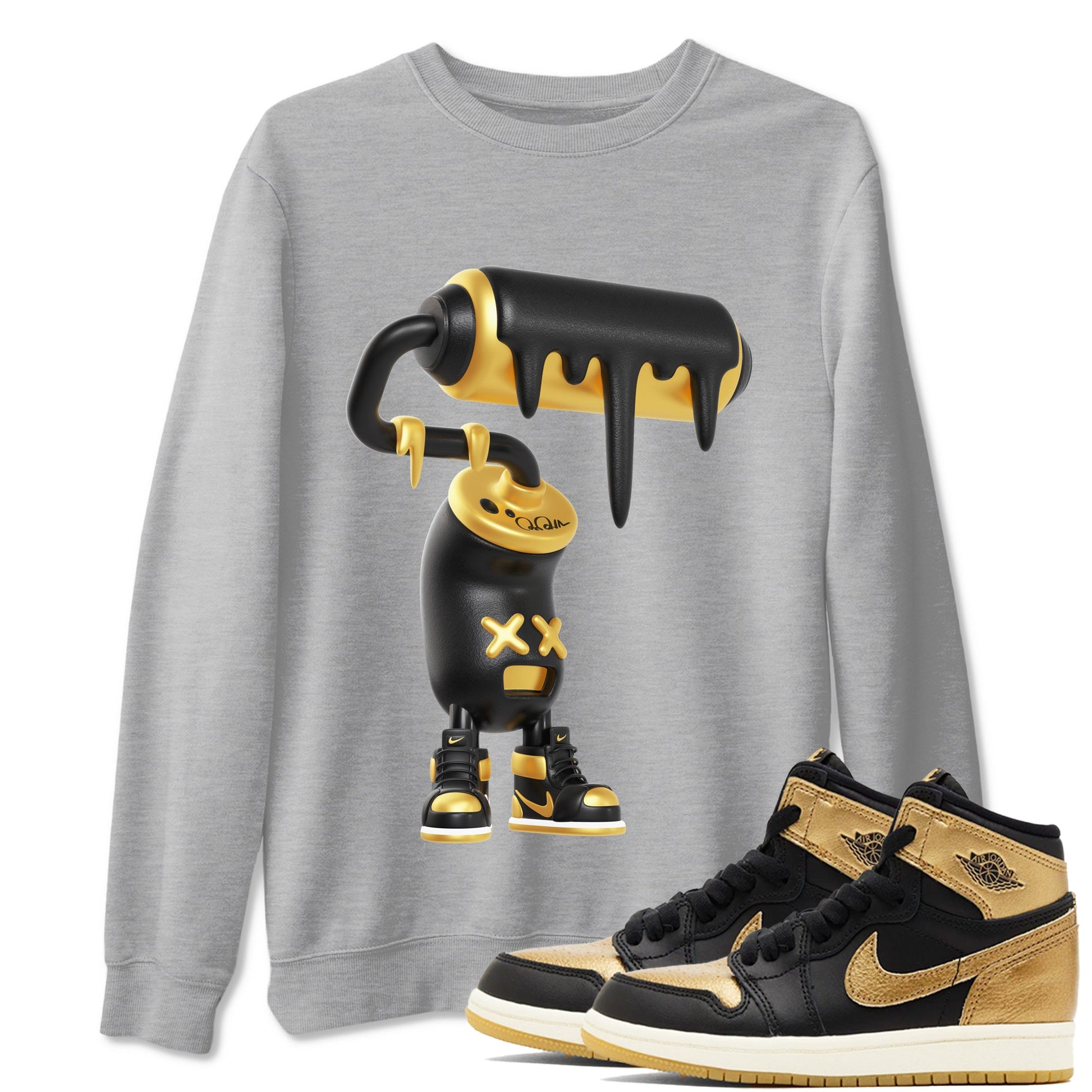 1s Black Metallic Gold shirts to match jordans 3D Paint Roller sneaker match tees Air Jordan 1 Black Metallic Gold SNRT Sneaker Tees streetwear brand Heather Grey 1 unisex cotton tee
