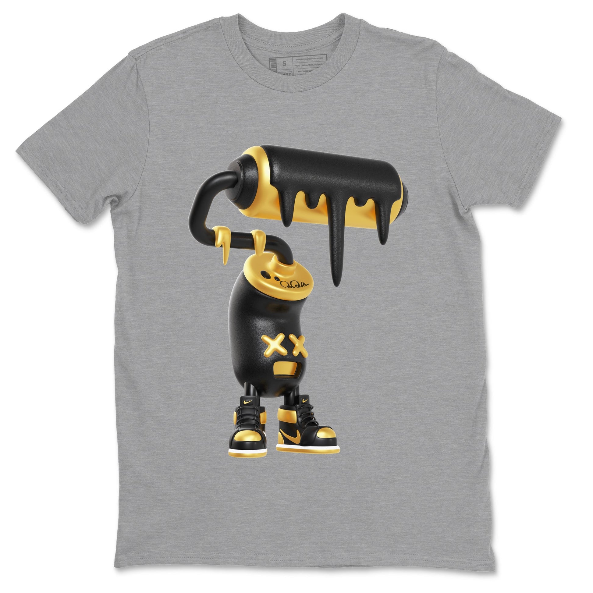 1s Black Metallic Gold shirts to match jordans 3D Paint Roller sneaker match tees Air Jordan 1 Black Metallic Gold SNRT Sneaker Tees streetwear brand Heather Grey 2 unisex cotton tee