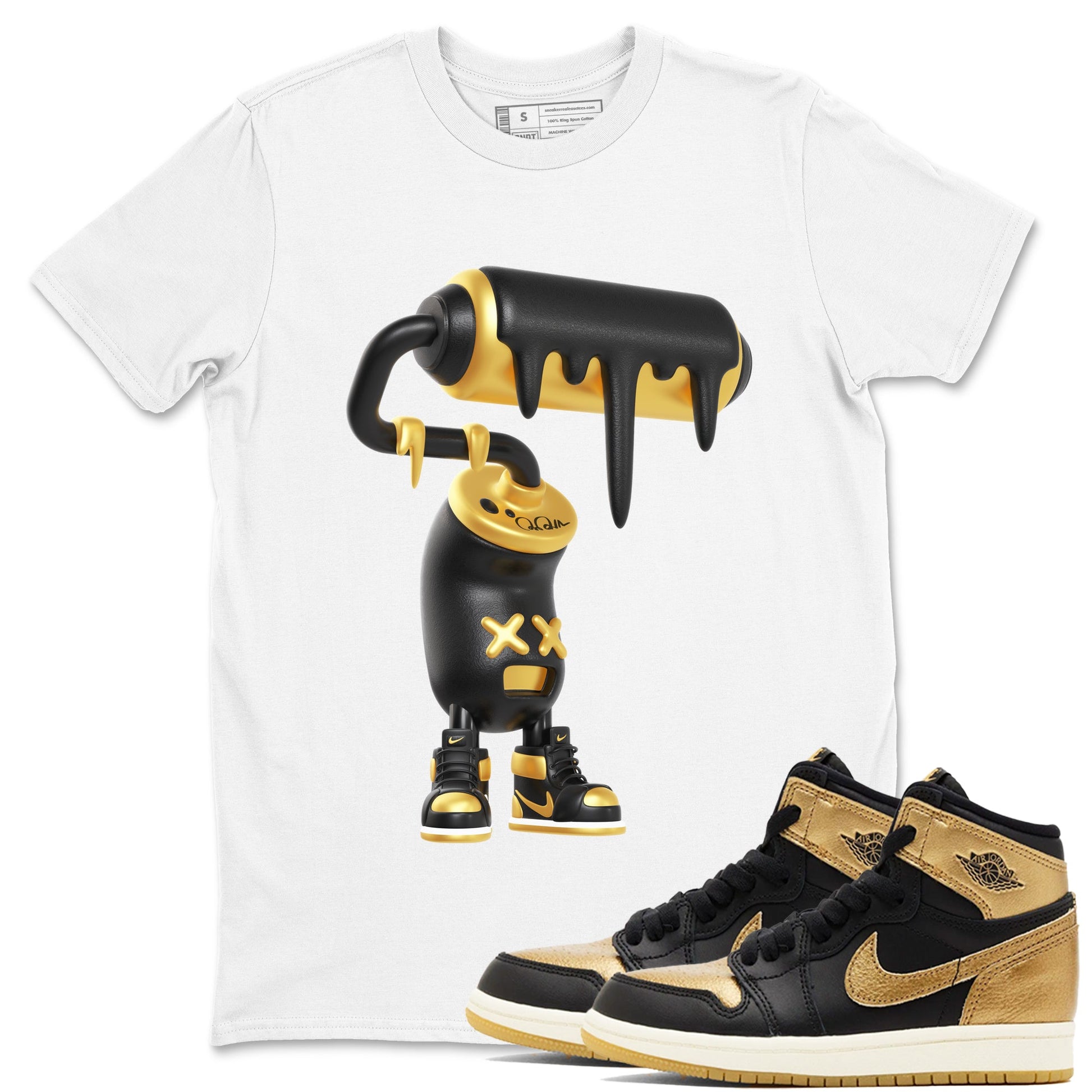1s Black Metallic Gold shirts to match jordans 3D Paint Roller sneaker match tees Air Jordan 1 Black Metallic Gold SNRT Sneaker Tees streetwear brand White 1 unisex cotton tee