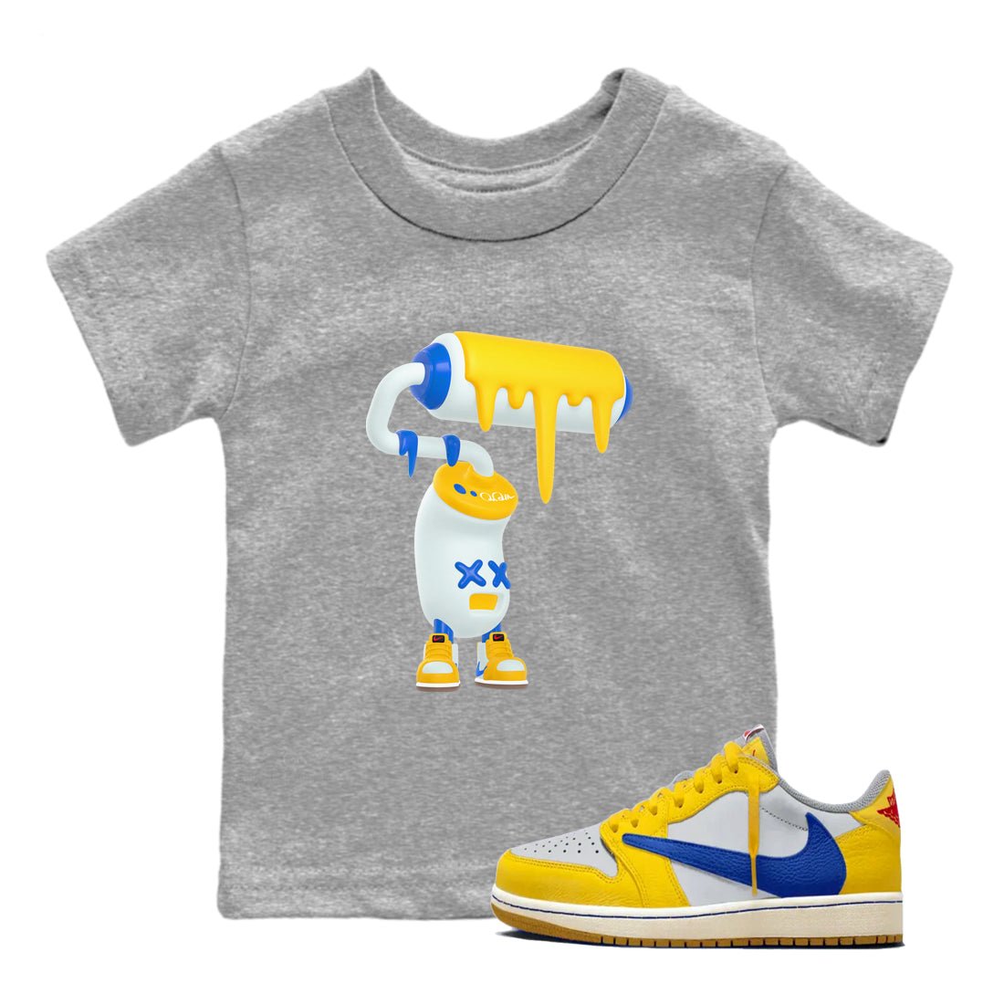 1s Travis Scott Canary shirt to match jordans 3D Paint Roller sneaker tees Air Jordan 1 Travis Scott Canary SNRT sneaker release tees baby toddler Heather Grey 1 cotton Shirt