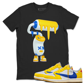 1s Travis Scott Canary shirt to match jordans 3D Paint Roller sneaker tees Air Jordan 1 Travis Scott Canary SNRT Sneaker Release Tees unisex cotton Black 1 crew neck shirt