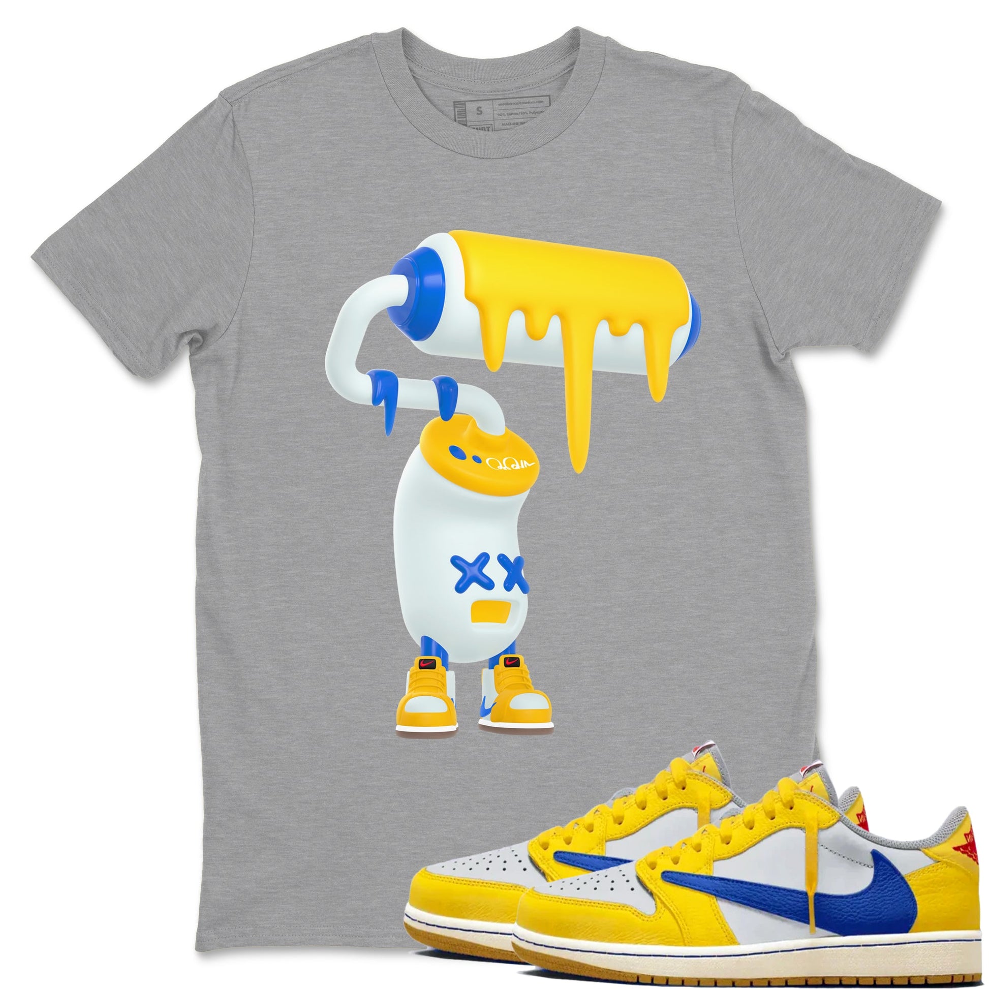 1s Travis Scott Canary shirt to match jordans 3D Paint Roller sneaker tees Air Jordan 1 Travis Scott Canary SNRT Sneaker Release Tees unisex cotton Heather Grey 1 crew neck shirt