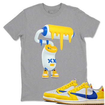 1s Travis Scott Canary shirt to match jordans 3D Paint Roller sneaker tees Air Jordan 1 Travis Scott Canary SNRT Sneaker Release Tees unisex cotton Heather Grey 1 crew neck shirt