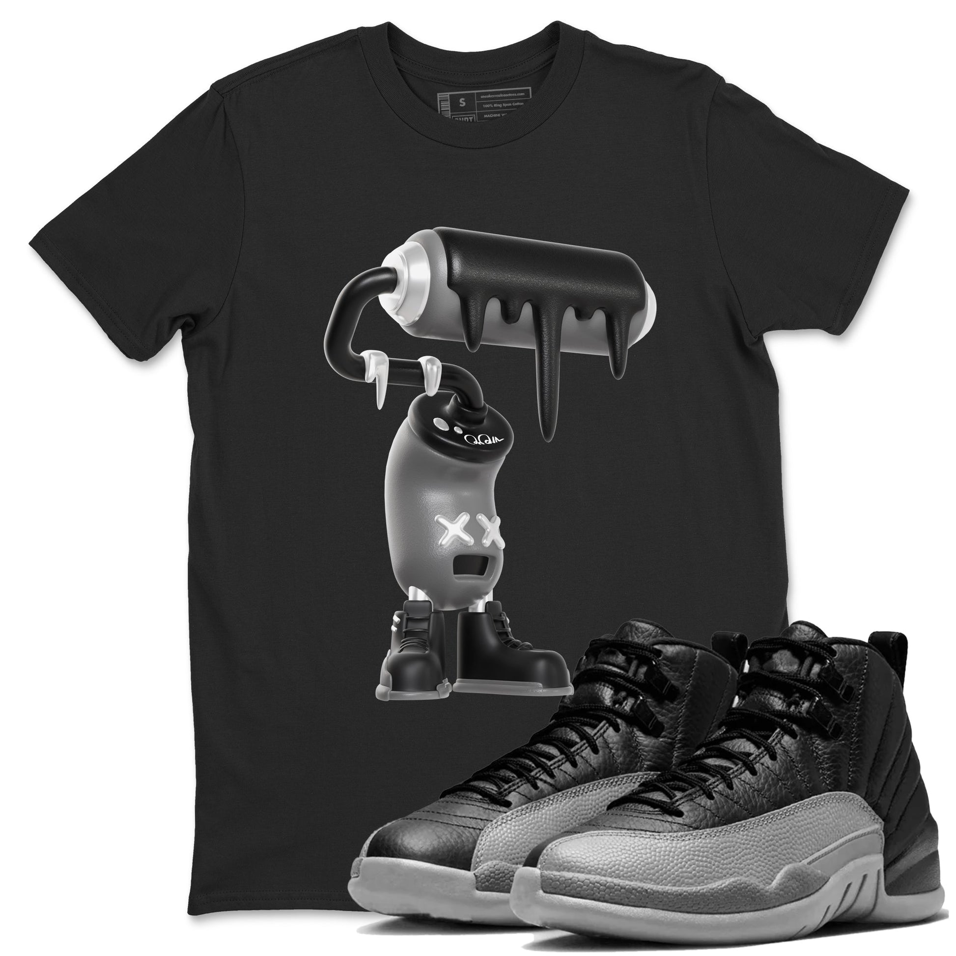 12s Black Wolf Grey shirts to match jordans 3D Paint Roller sneaker match tees Air Jordan 12 Barons match shoes to clothes SNRT Sneaker Tees unisex cotton Black 1 shirts