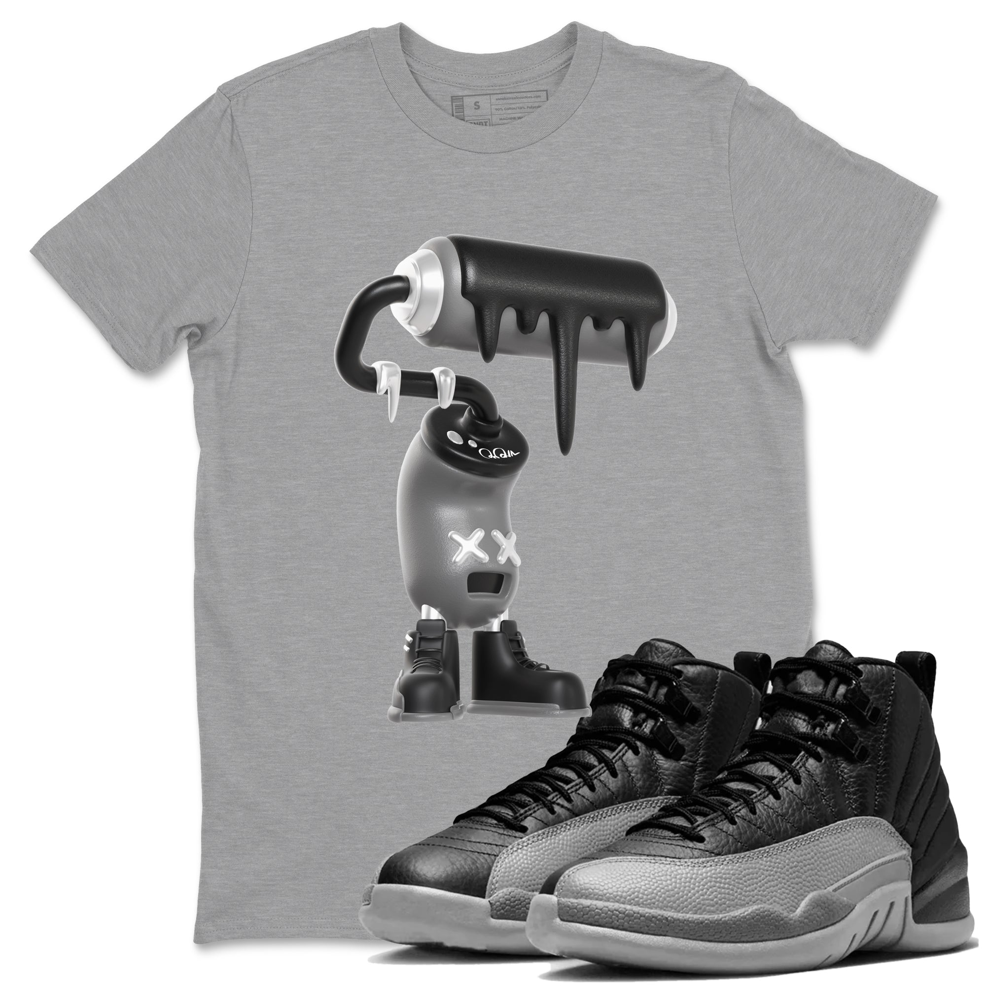 12s Black Wolf Grey shirts to match jordans 3D Paint Roller sneaker match tees Air Jordan 12 Barons match shoes to clothes SNRT Sneaker Tees unisex cotton Heather Grey 1 shirts