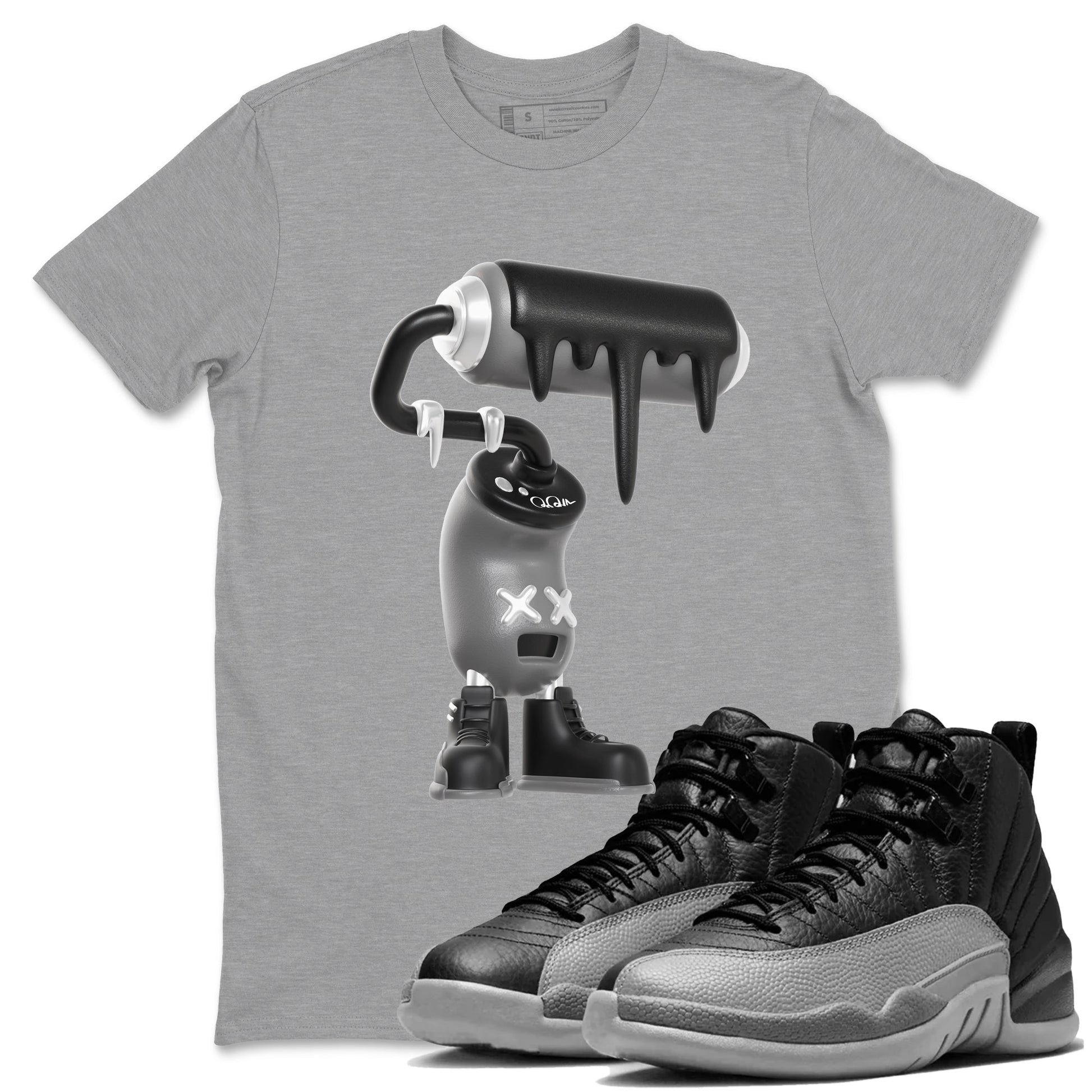 12s Black Wolf Grey shirts to match jordans 3D Paint Roller sneaker match tees Air Jordan 12 Barons match shoes to clothes SNRT Sneaker Tees unisex cotton Heather Grey 1 shirts